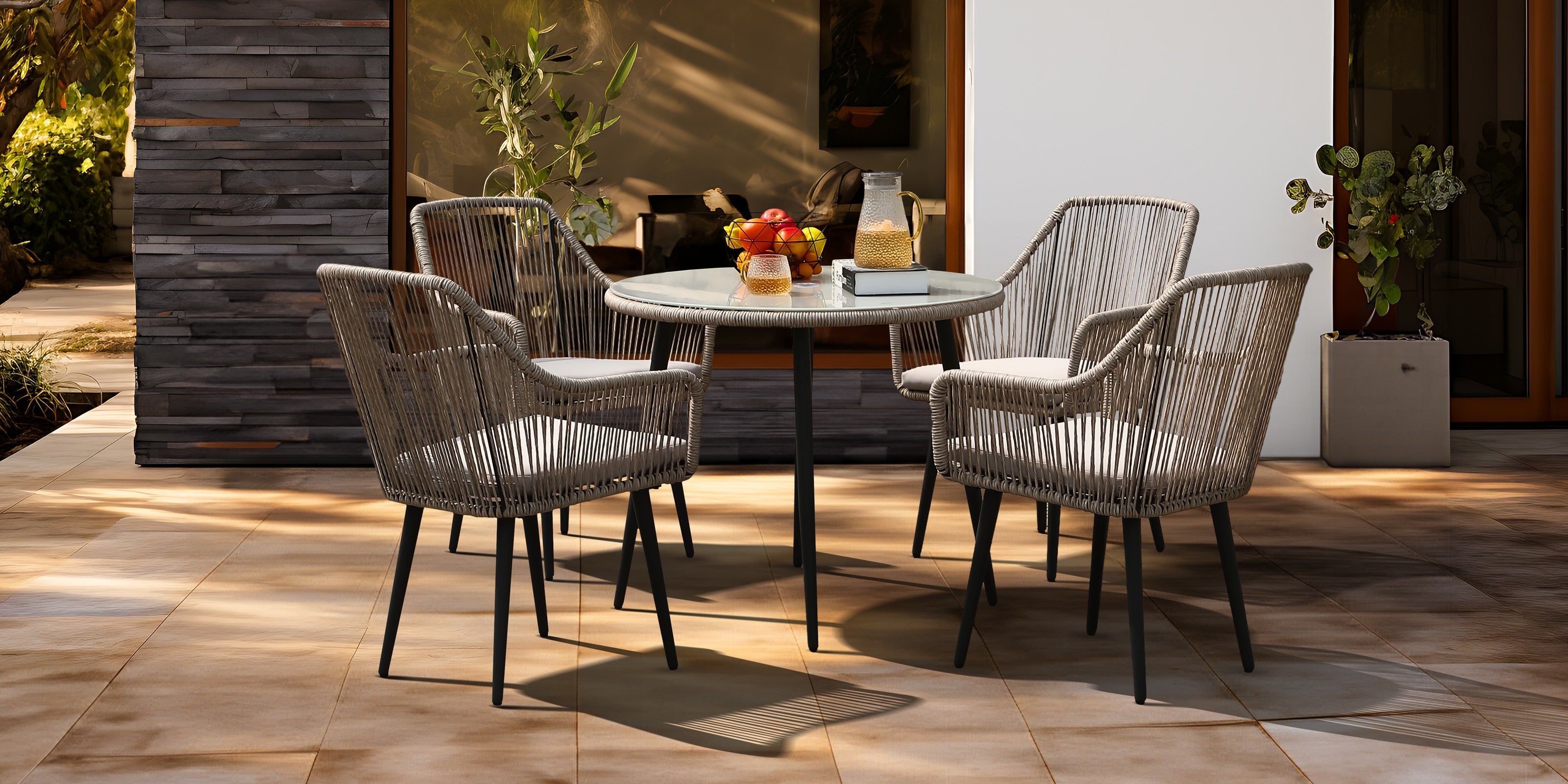 modern grey round wicker outdoor dining set for 4