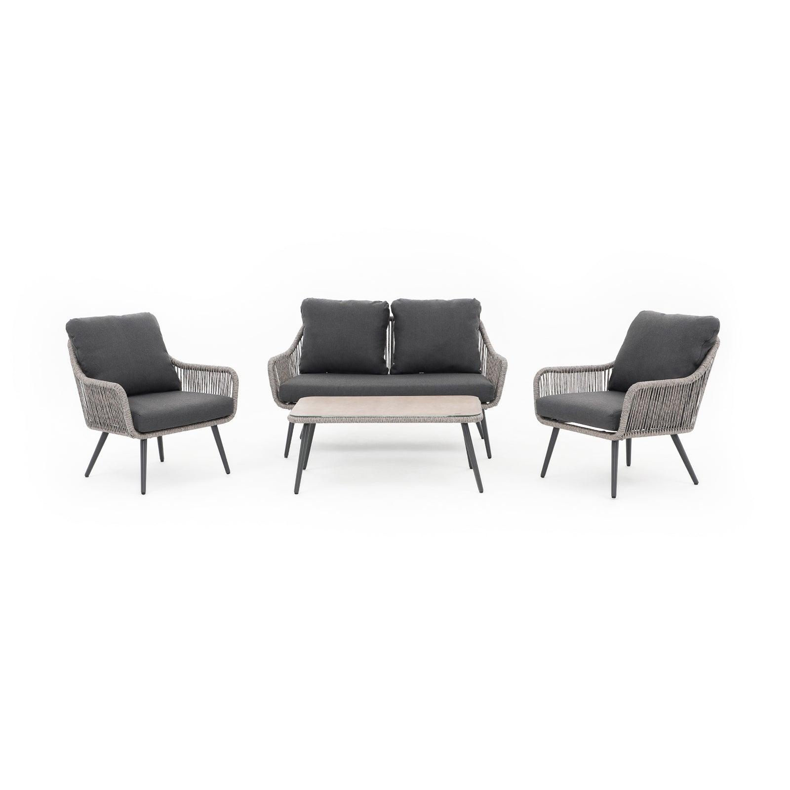 Hallerbos 4-Piece outdoor sofa set with dark grey cushions, steel frame and grey twisted rattan design, 2 armchairs, 1 loveseat, 1 rectangle coffee table - Jardina Furniture#Color_Grey