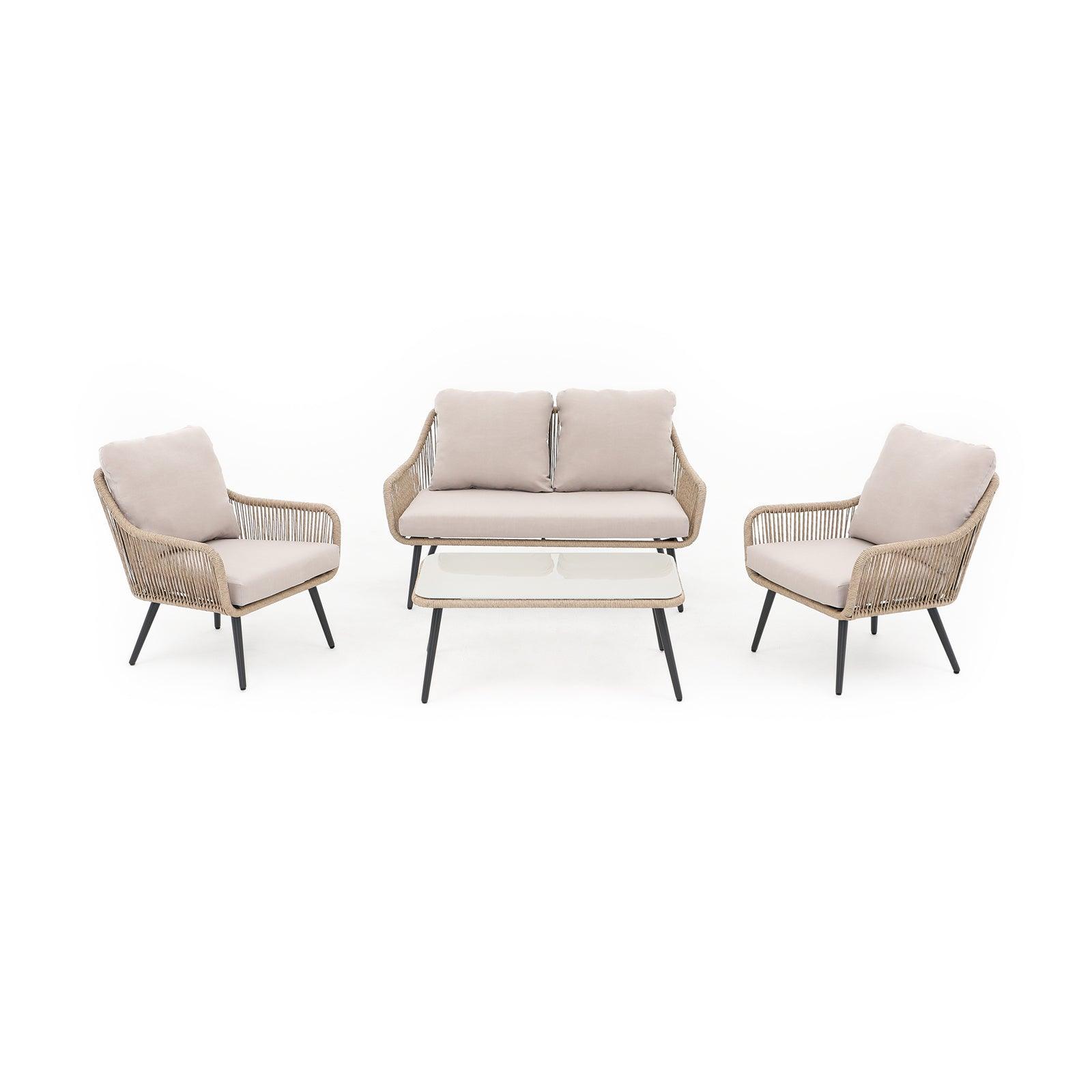 Hallerbos Modern Wicker Outdoor Furniture, 4-Piece outdoor sofa set with beige cushions, steel frame and natural twisted rattan design, 2 armchairs, 1 loveseat, 1 rectangle coffee table - Jardina Furniture#Color_Natural