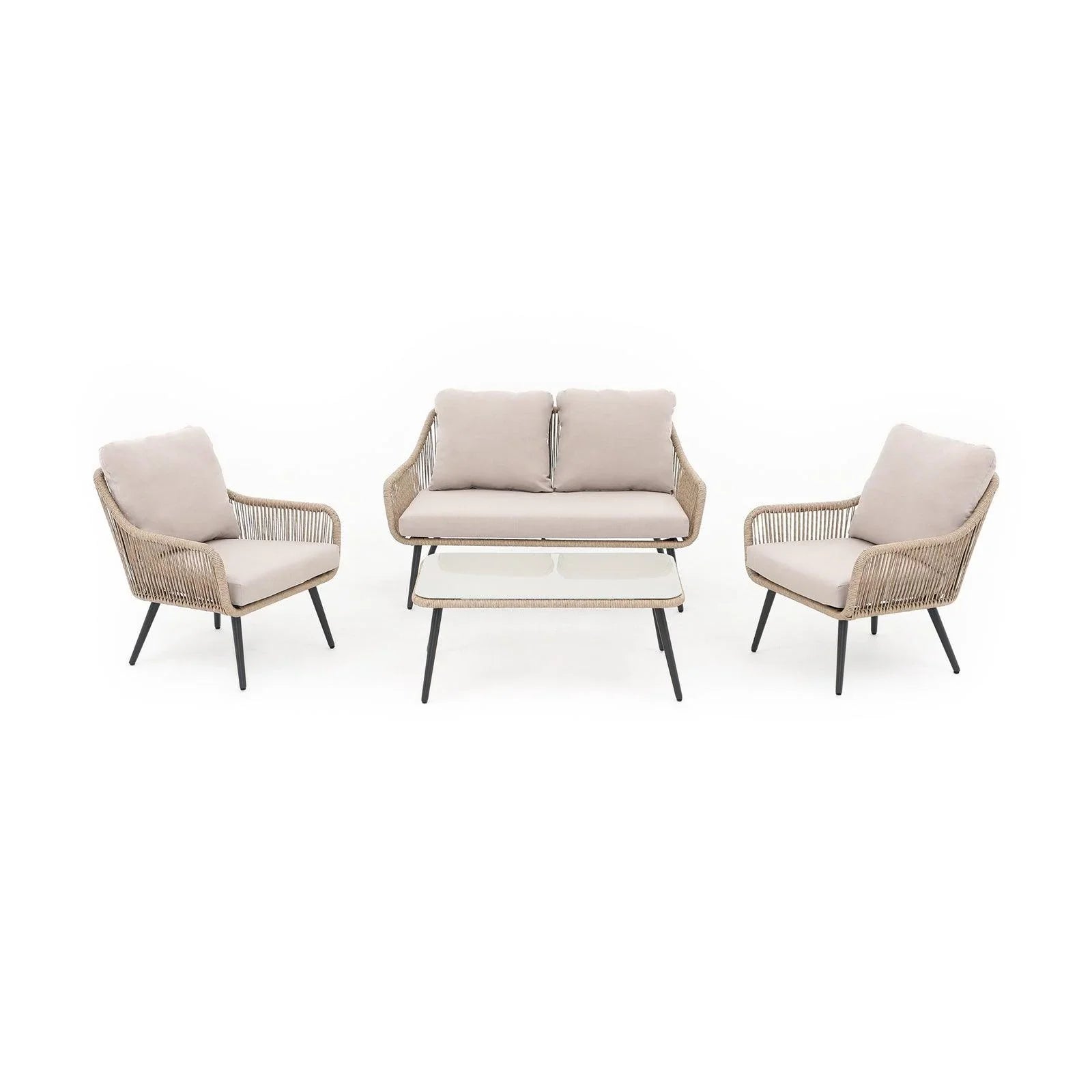Hallerbos Modern Wicker Outdoor Furniture, 4-Piece outdoor sofa set with beige cushions, steel frame and natural twisted rattan design, 2 armchairs, 1 loveseat, 1 rectangle coffee table - Jardina Furniture#Color_Natural