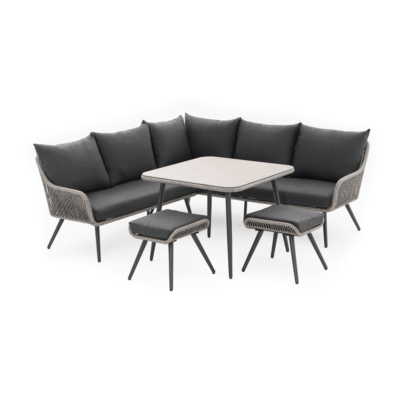 Hallerbos L-Shaped Outdoor Sectional Dining Set with steel frame, twisted rattan design, grey cushions, 1 square dining table, 5 seats sectional sofa, 2 ottomans - Jardina Furniture#Color_Grey