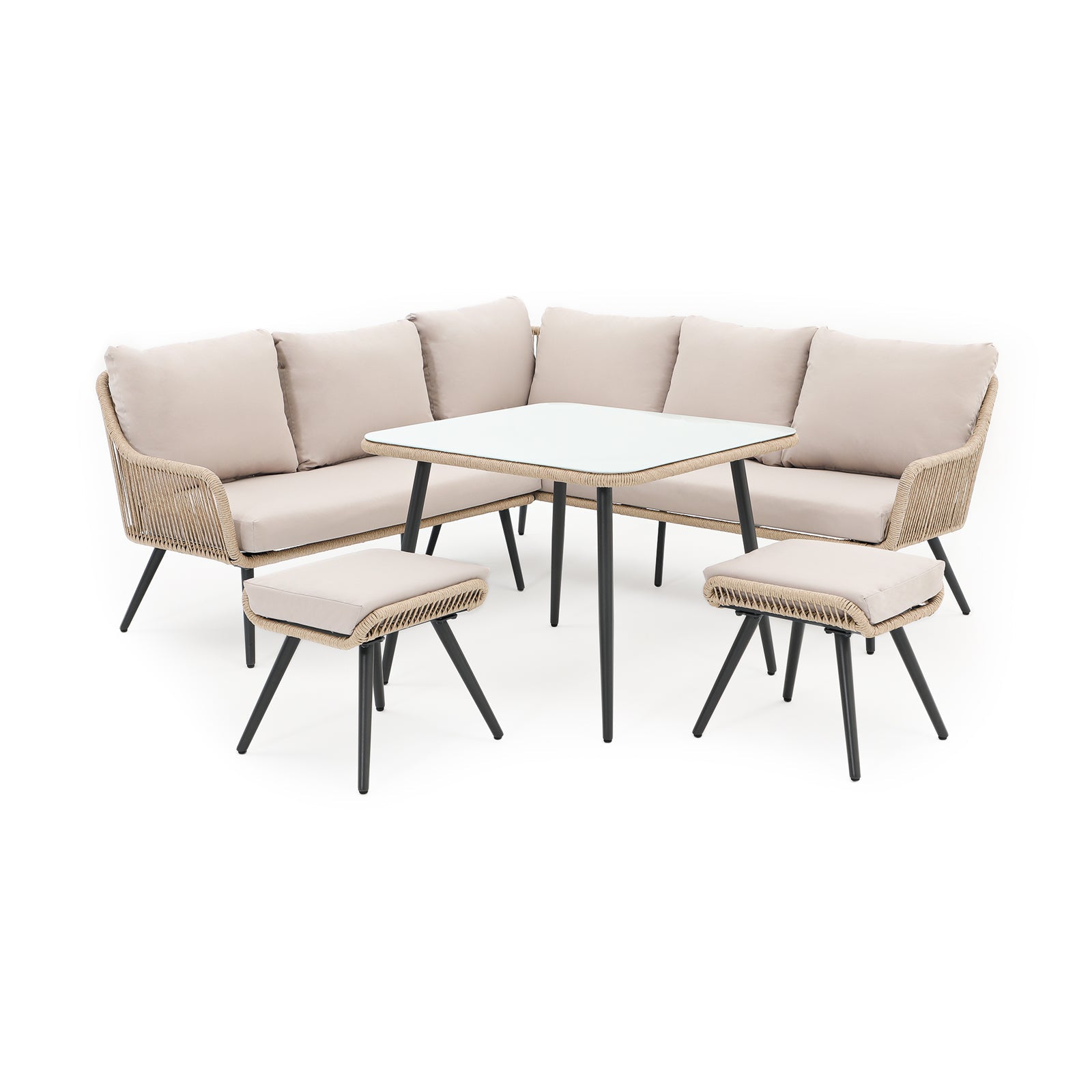 Hallerbos Modern Wicker Outdoor Furniture, L-Shaped Outdoor Sectional Dining Set with steel frame, natural twisted rattan design, beige cushions, 1 square dining table, 5 seats sectional sofa, 2 ottomans - Jardina Furniture#Color_Natural