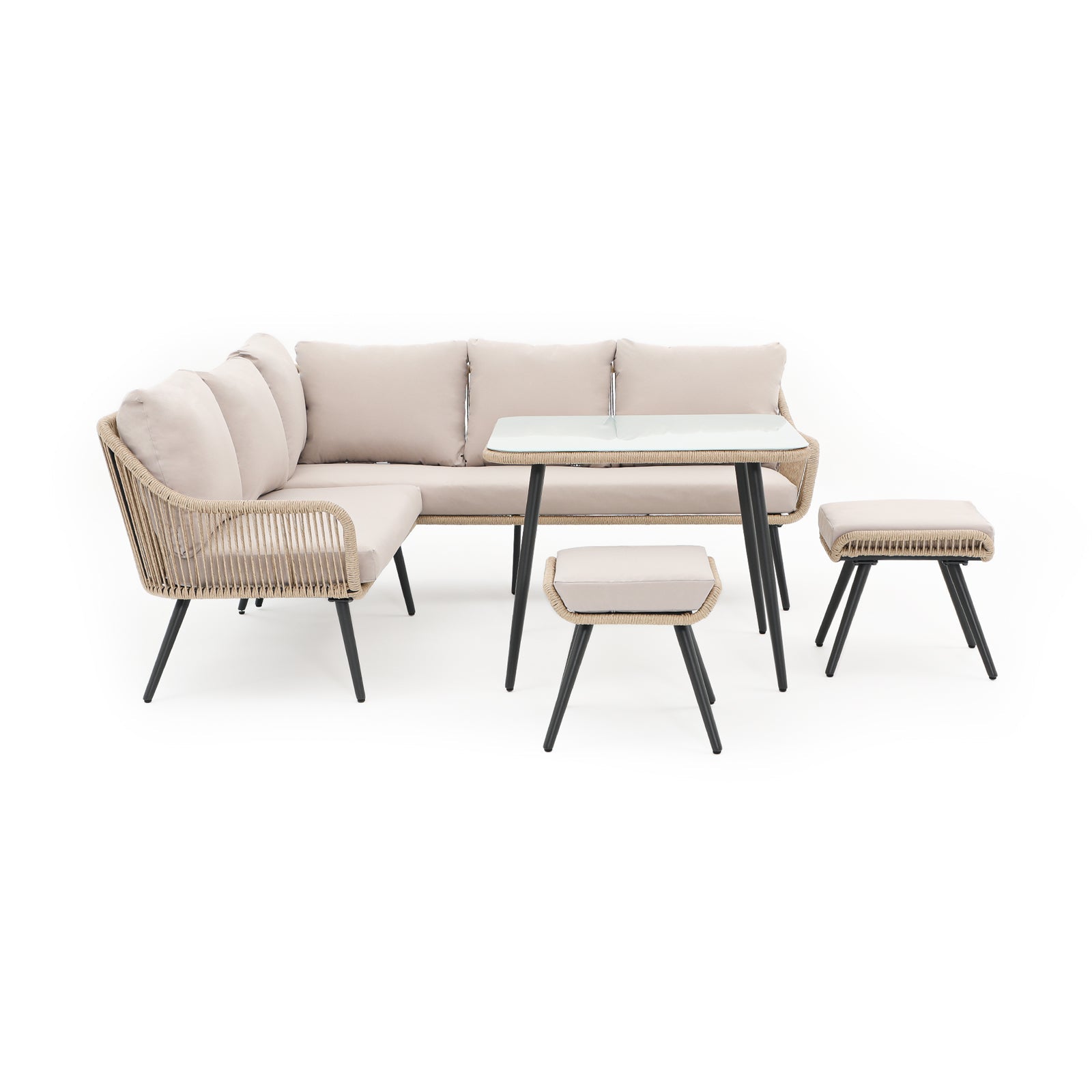 Hallerbos L-Shaped Outdoor Sectional Dining Set with steel frame, natural twisted rattan design, beige cushions, 1 square dining table, 5 seats sectional sofa, 2 ottomans - Jardina Furniture-1 #Color_Natural