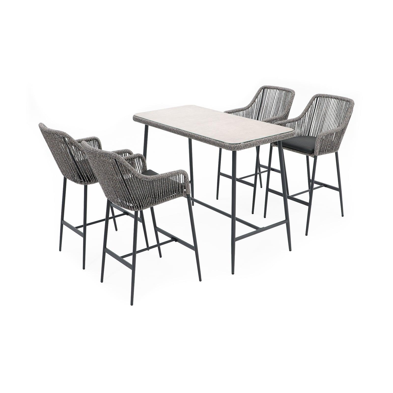 Hallerbos Modern Wicker Outdoor Furniture, 5-piece outdoor bar height set with steel frame and grey twisted rattan design, 1 bar table, 4 bar chairs, side view - Jardina Furniture