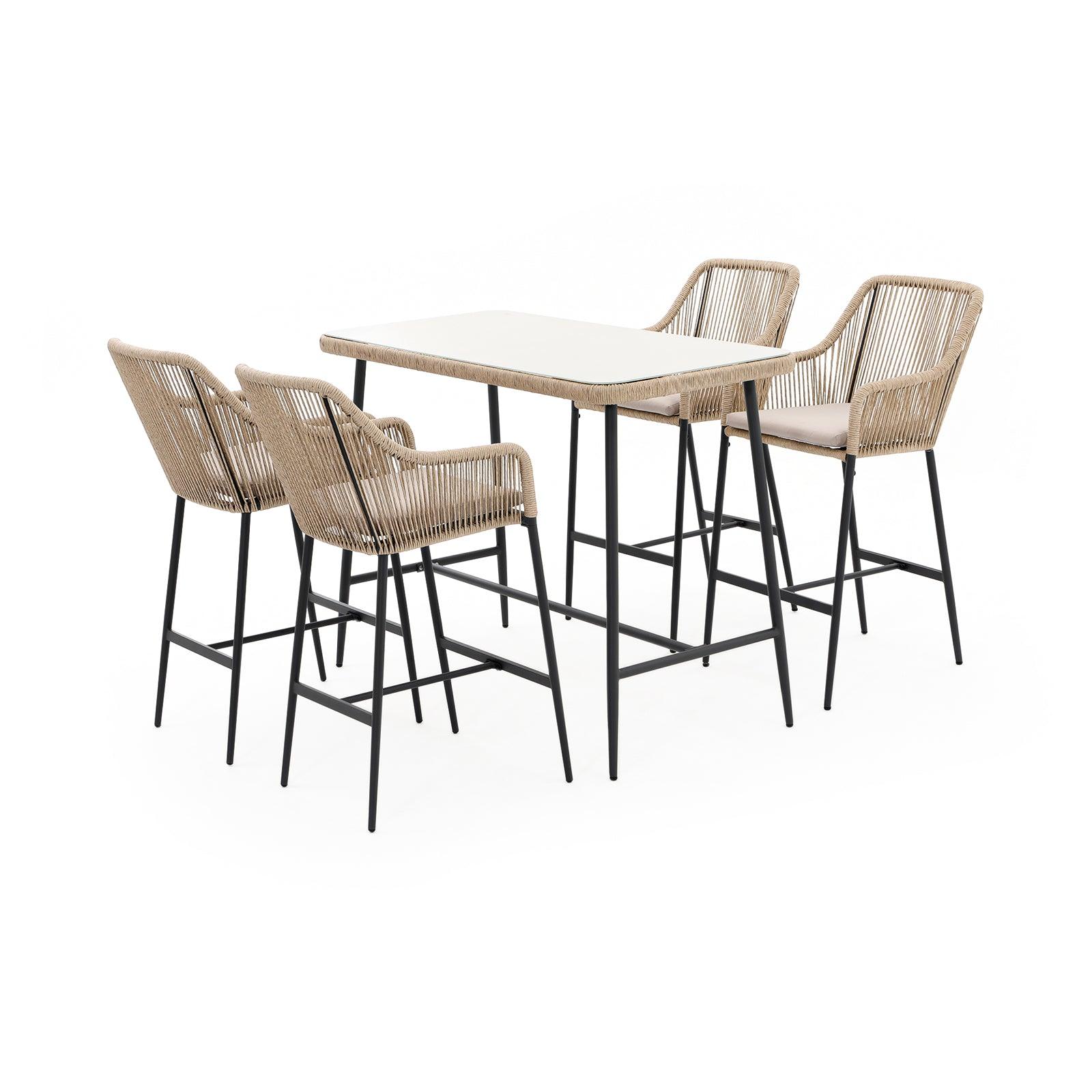 Hallerbos 5-piece outdoor bar height set with steel frame and natural twisted rattan design, 1 bar table, 4 bar chairs, side view - Jardina Furniture
