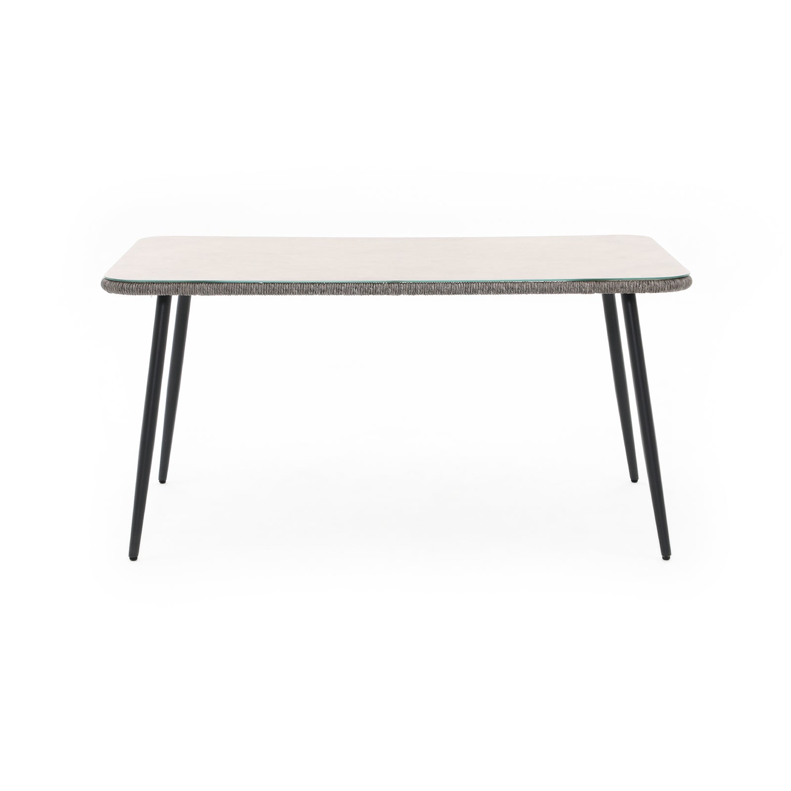 Hallerbos Rectangle Outdoor Dining Table for 8 with grey rattan design, steel frame, tempered glass top, front view - Jardina Furniture#Color_Grey