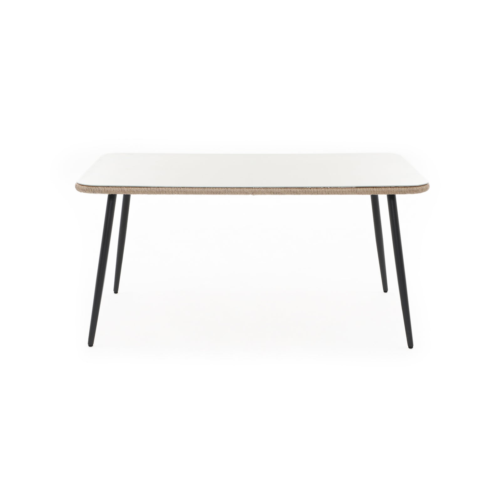 Hallerbos Modern Rectangle Outdoor Dining Table for 8 with natural rattan design, steel frame, tempered glass top, front view - Jardina Furniture#Color_Natural