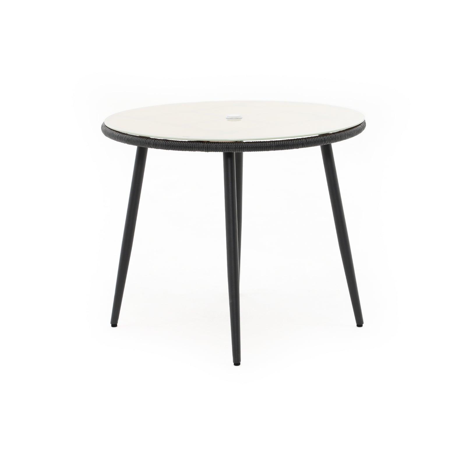 Hallerbos Outdoor Round Dining Table with umbrella hole and steel frame, black rattan design, front - Jardina Furniture#Color_Black
