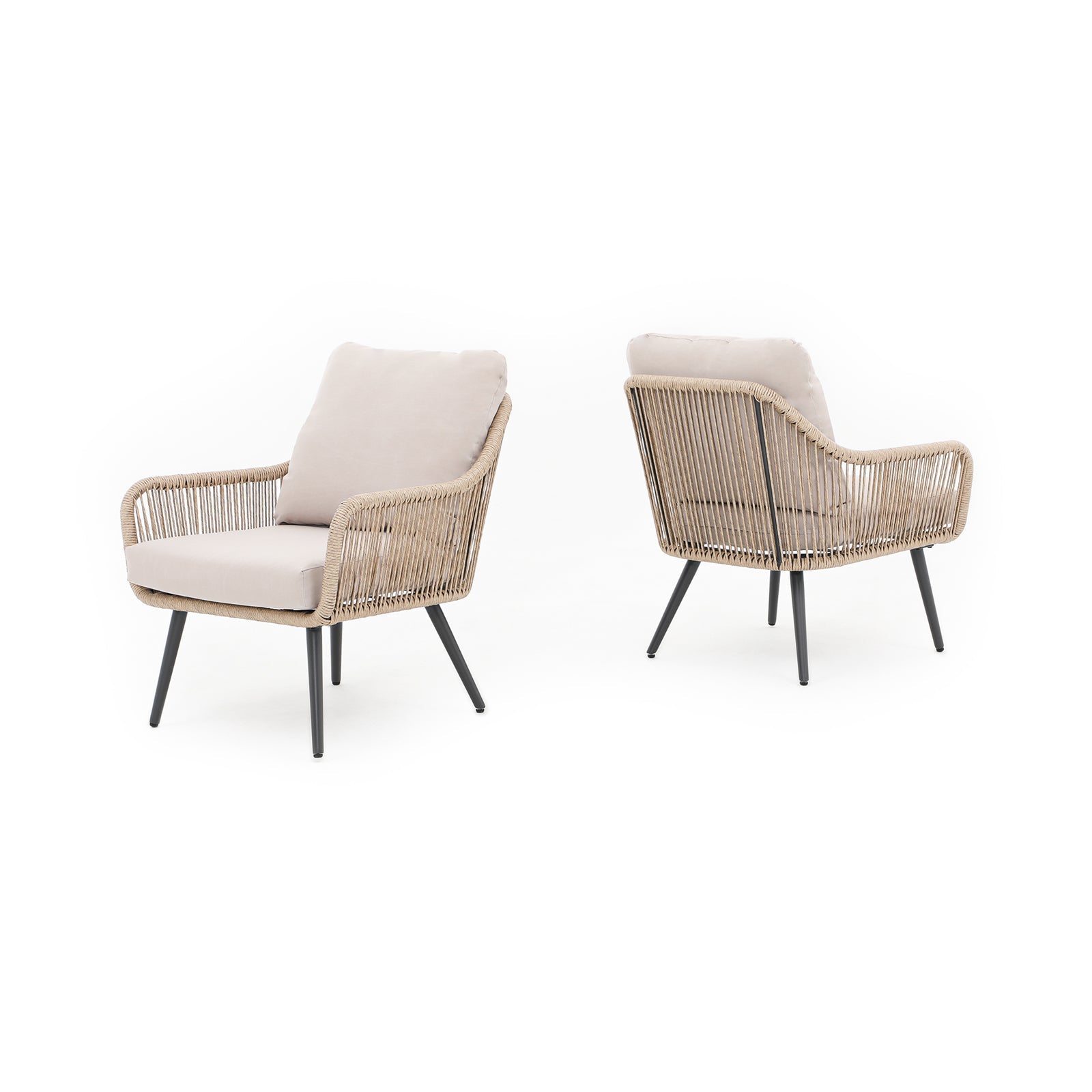 Hallerbos Modern Wicker Outdoor Chairs with steel frame, grey Lounge Chairs with Twisted Rattan design, beige cushions, 2-angle view - Jardina Furniture#Color_Natural