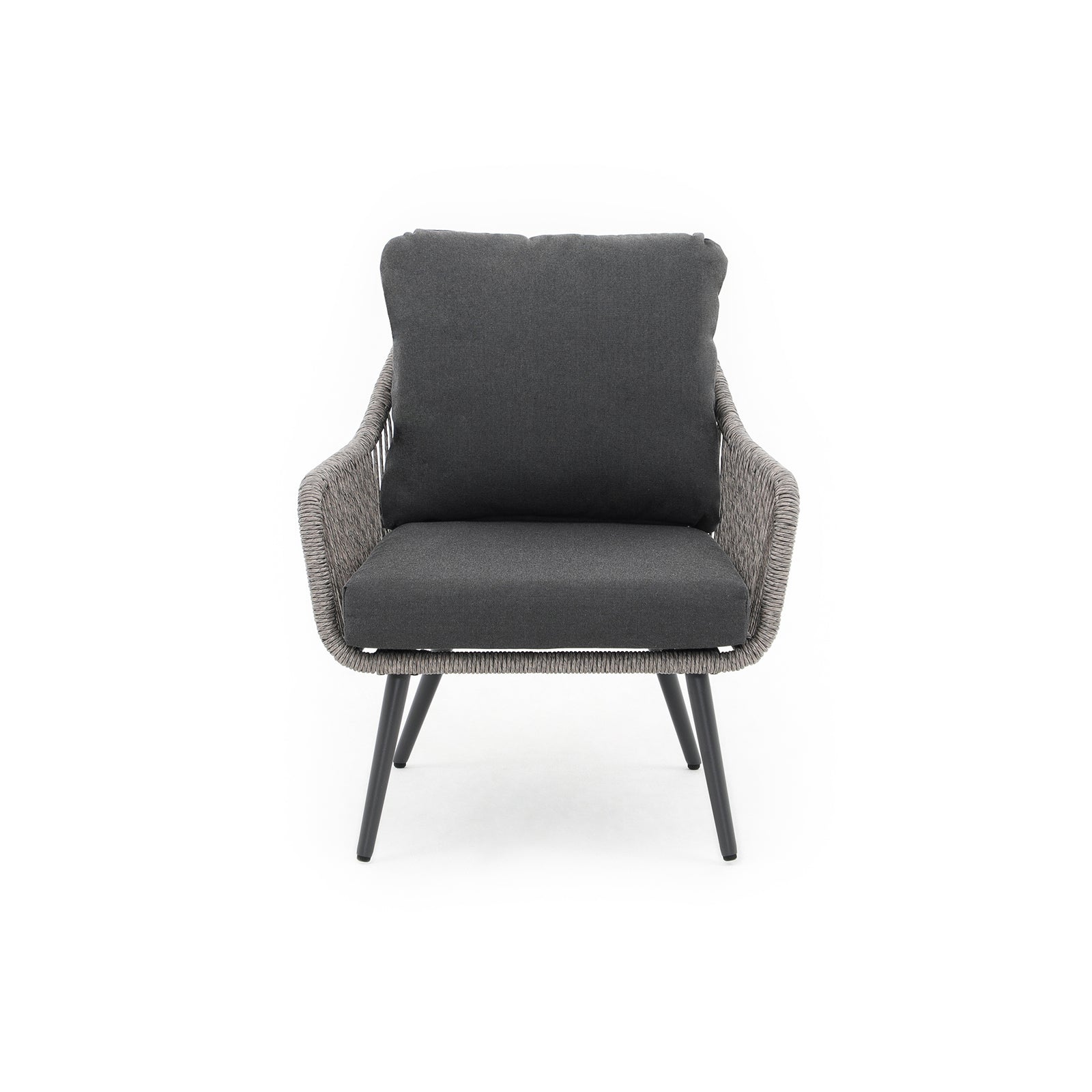 Hallerbos grey Wicker Lounge Chairs with Twisted Rattan design, steel frame, grey cushions, front view - Jardina Furniture#Color_Grey