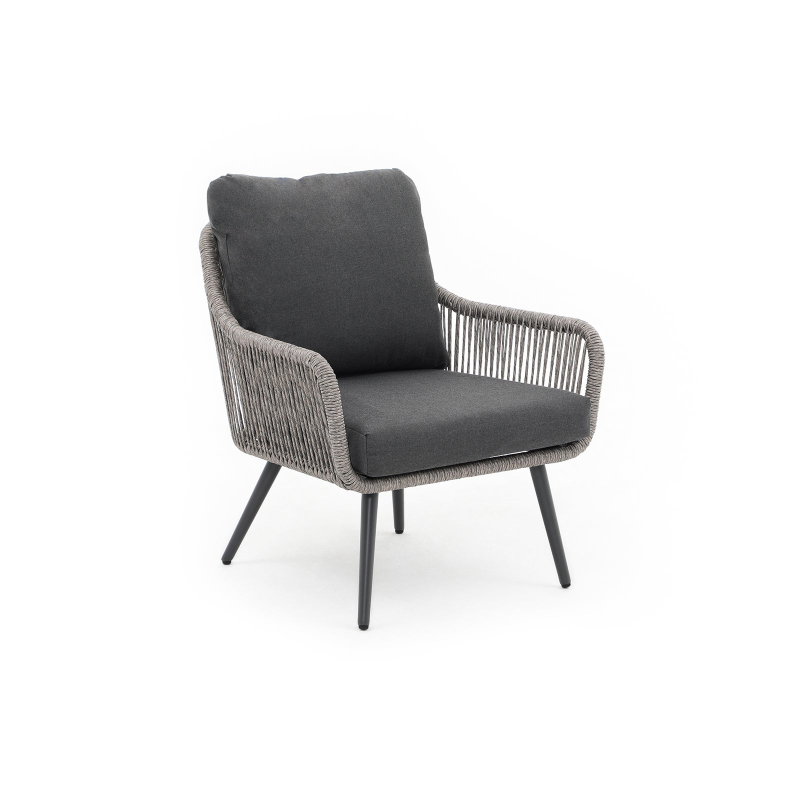 Hallerbos grey Wicker Lounge Chairs with Twisted Rattan design, steel frame, grey cushions, side view - Jardina Furniture#Color_Grey