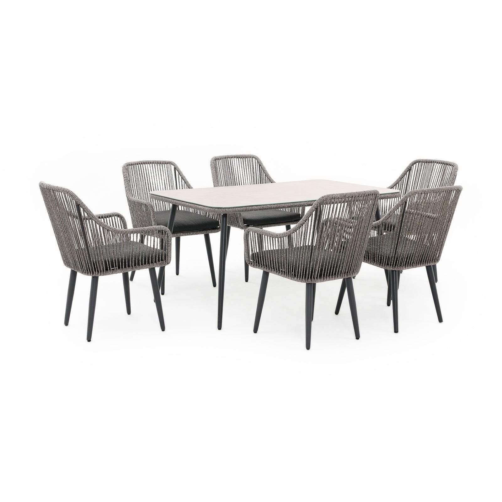 Hallerbos Modern Wicker Outdoor Furniture, grey 6-person Outdoor Dining Set with steel frame, grey cushion, 1 rectangle Dining Table with Tempered Glass top, 6 dining chairs - Jardina Furniture#Color_Grey