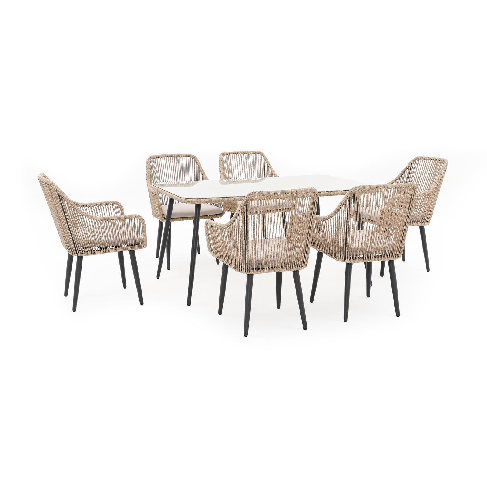 Hallerbos natural 6-person Outdoor Dining Set with steel frame, beige cushion, 1 rectangle Dining Table with Tempered Glass top, 6 dining chairs - Jardina Furniture#Color_Natural