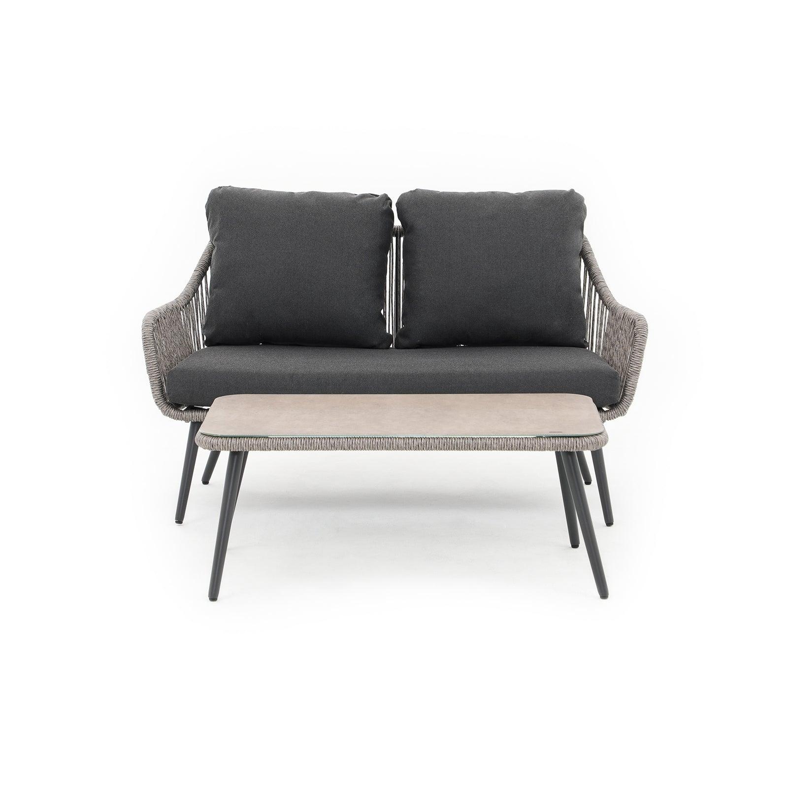 Hallerbos Modern Wicker Outdoor conversation set, grey outdoor loveseat set with steel frame and twisted rattan design, 1 loveseat, 1 rectangle coffee table, front view- Jardina Premium Modern Outdoor Patio Furniture#Color_Grey