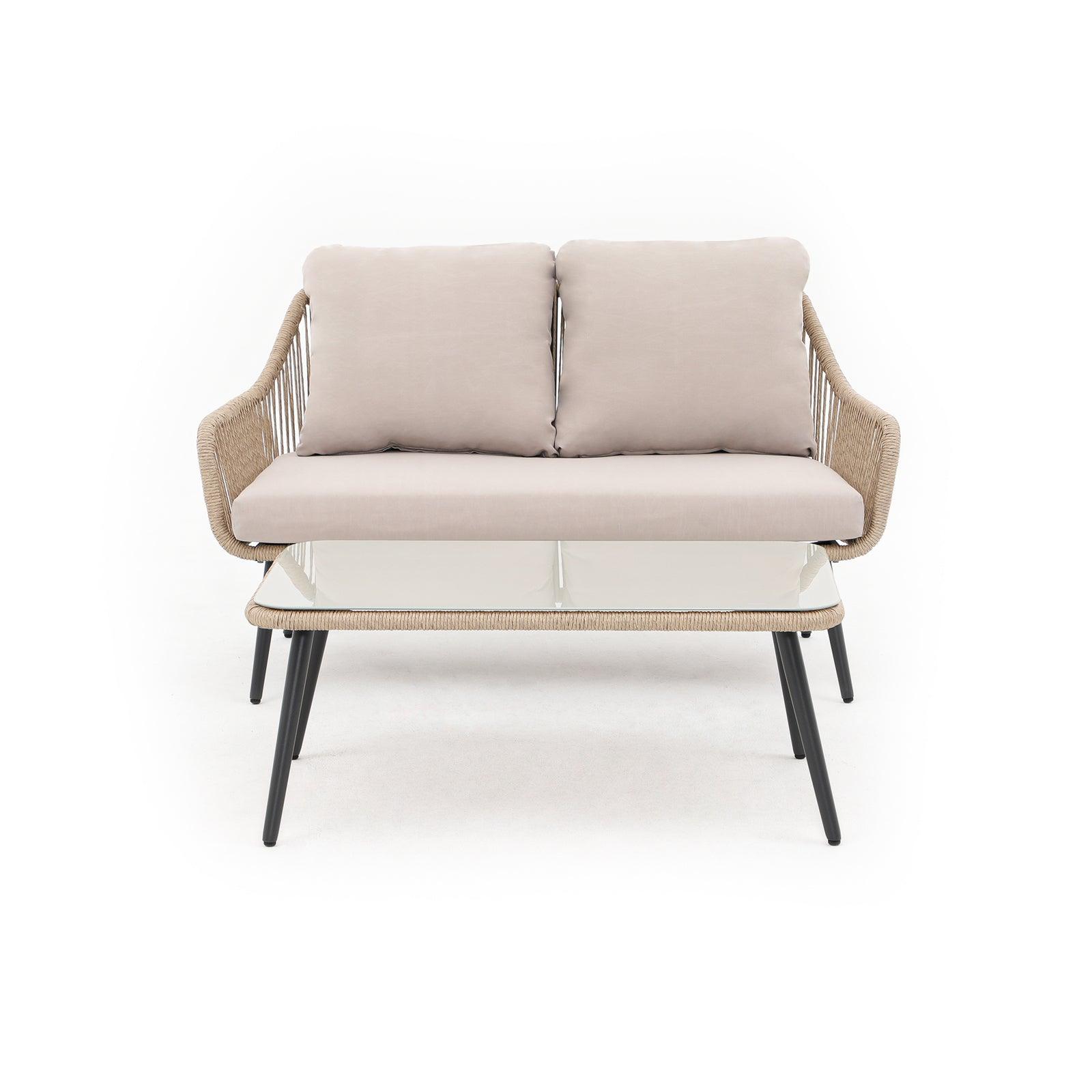 Hallerbos Modern Wicker Outdoor Furniture, beige outdoor loveseat set with steel frame and twisted rattan design, 1 loveseat, 1 rectangle coffee table, front view - Jardina Furniture#Color_Natural