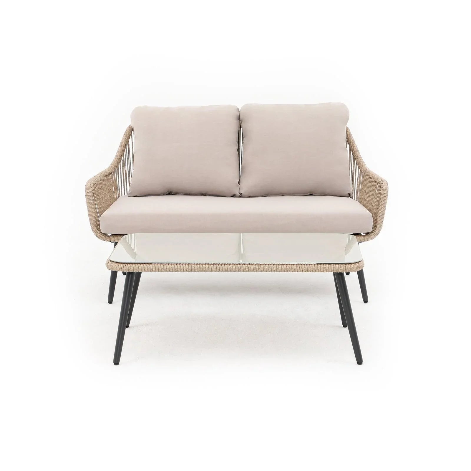 Hallerbos Modern Wicker Outdoor Furniture, beige outdoor loveseat set with steel frame and twisted rattan design, 1 loveseat, 1 rectangle coffee table, front view - Jardina Furniture#Color_Natural