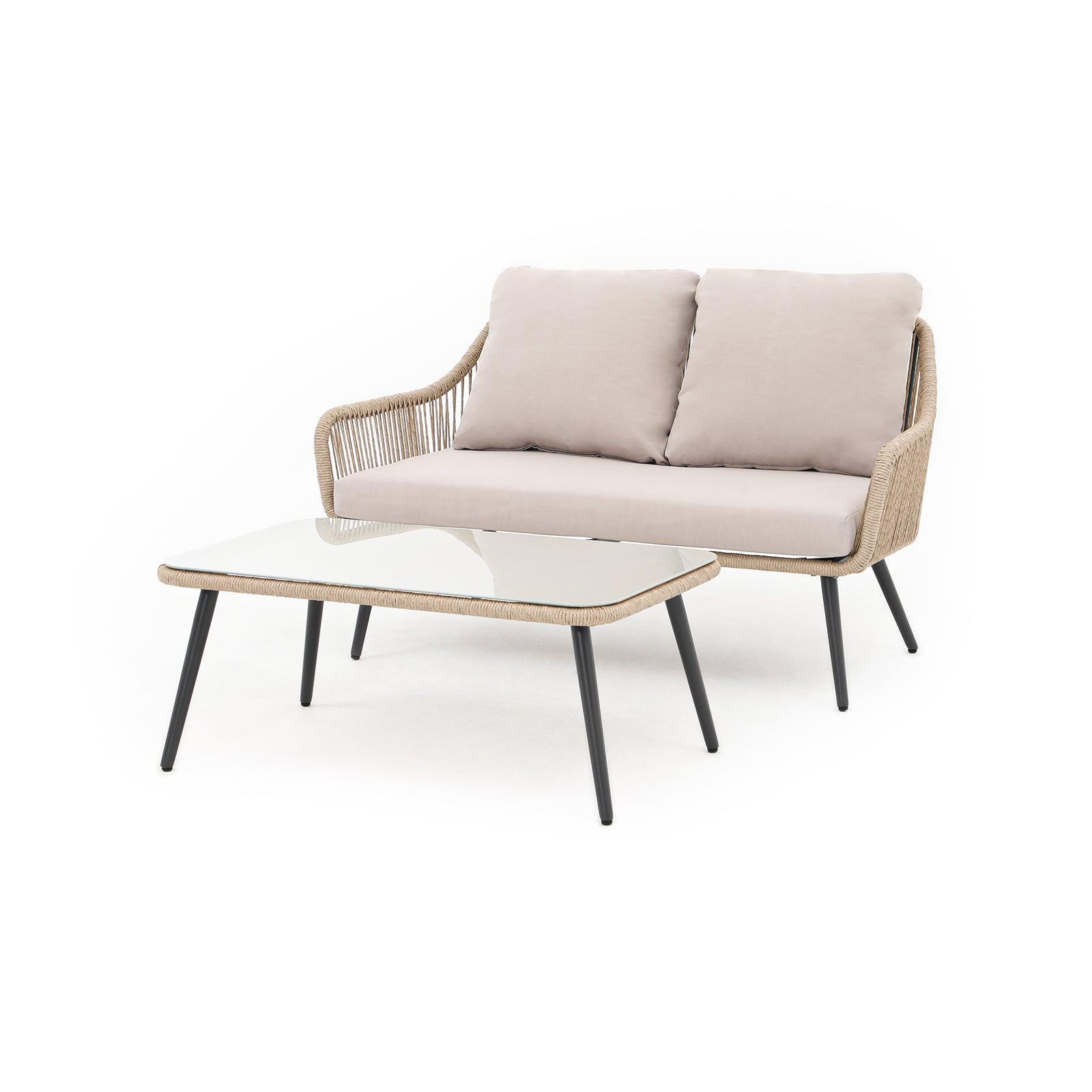 Hallerbos outdoor loveseat set with steel frame and natural twisted rattan design, 1 loveseat with beige cushions, 1 rectangle coffee table, side view - Jardina Furniture#Color_Natural