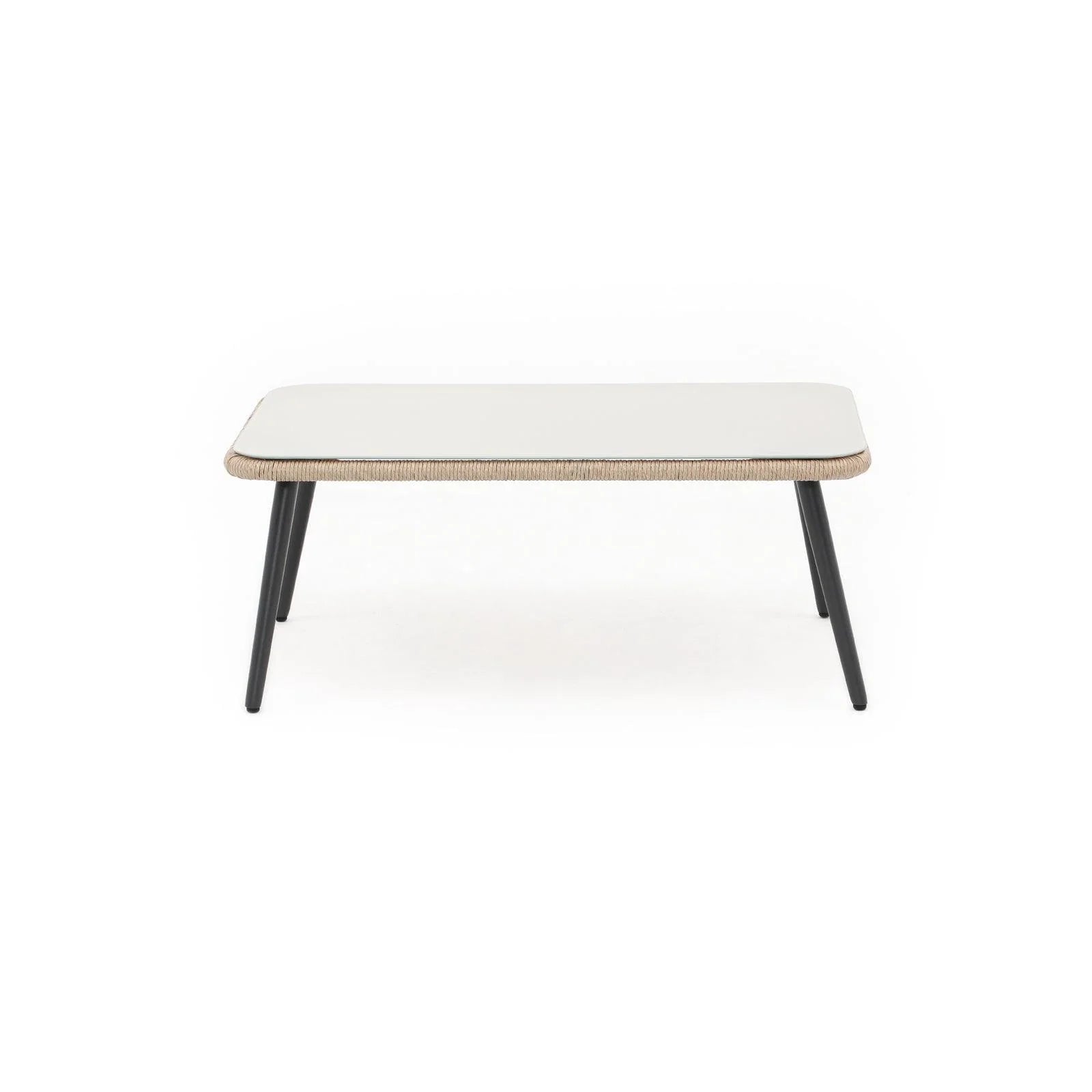 Hallerbos outdoor coffee table, steel frame and natural twisted rattan design, glass top, front view - Jardina Furniture#Color_Natural