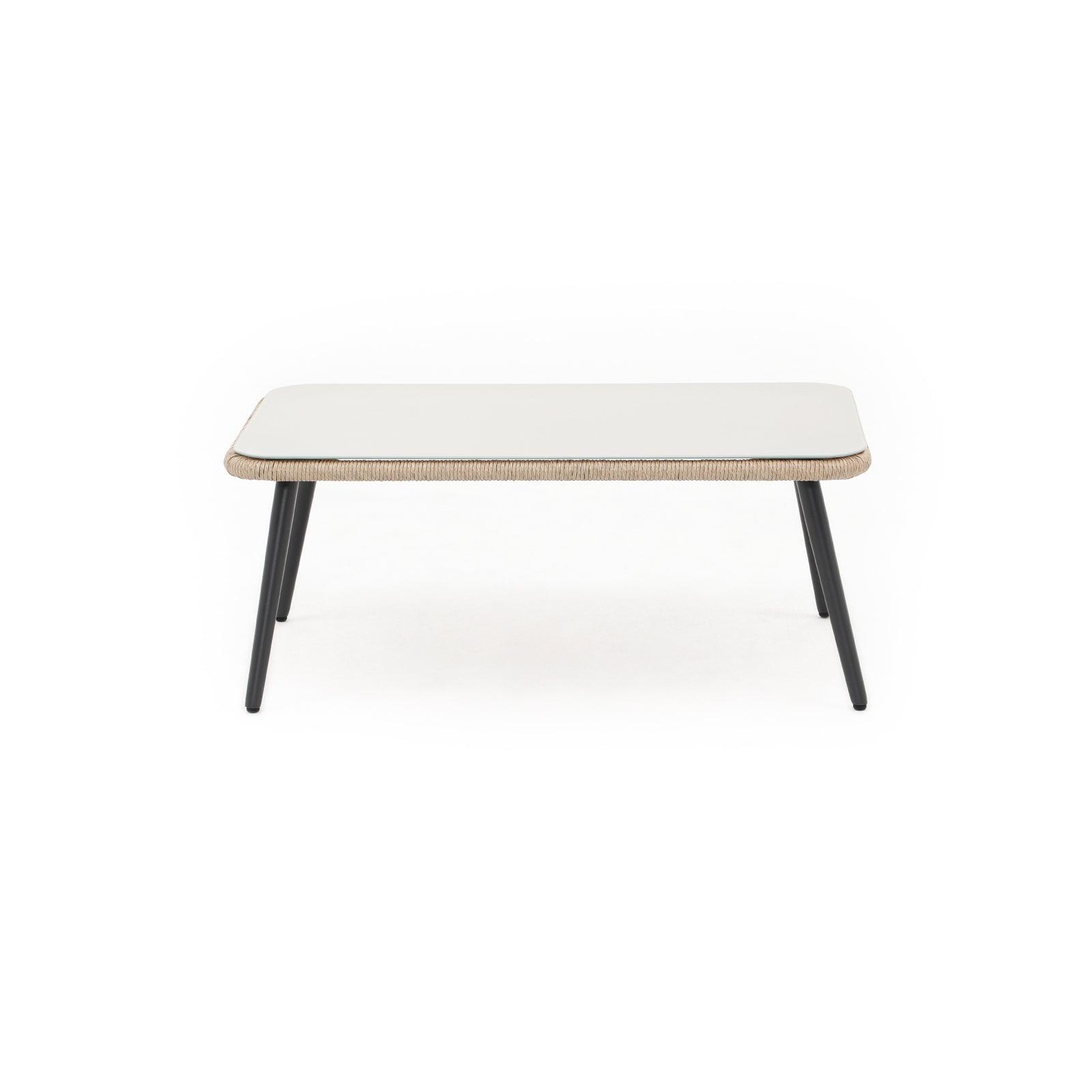Hallerbos outdoor coffee table, steel frame and natural twisted rattan design, glass top, front view - Jardina Furniture#Color_Beige