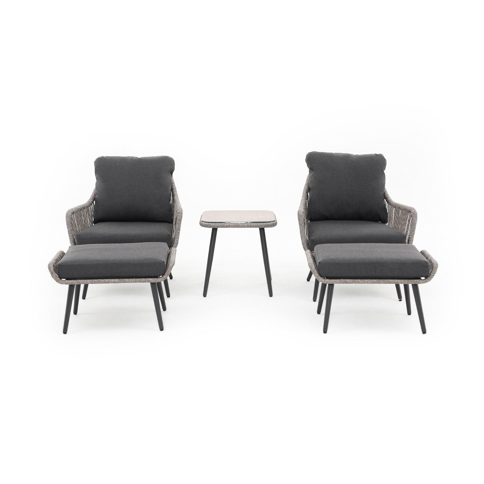 Hallerbos 5-piece outdoor bistro set with ottomans, steel frame and grey twisted rattan design, dark grey cushion, 1 square coffee table, 2 armchairs, 2 ottomans - Jardina Furniture#Color_Grey