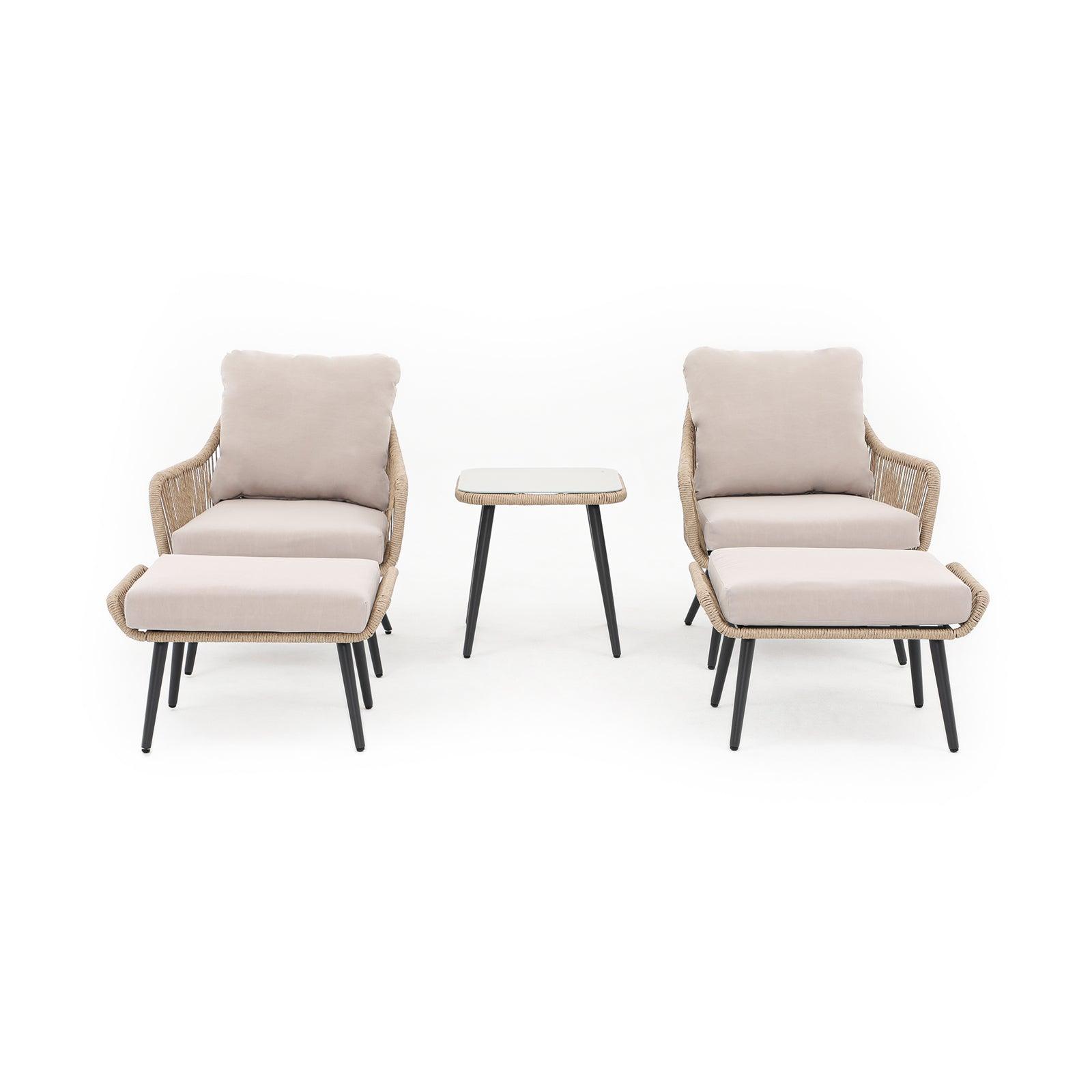 Hallerbos Modern Wicker Outdoor Furniture, 5-piece outdoor bistro set with ottomans, steel frame and natural twisted rattan design, beige cushion, 1 square coffee table, 2 armchairs, 2 ottomans - Jardina Furniture#Color_Natural