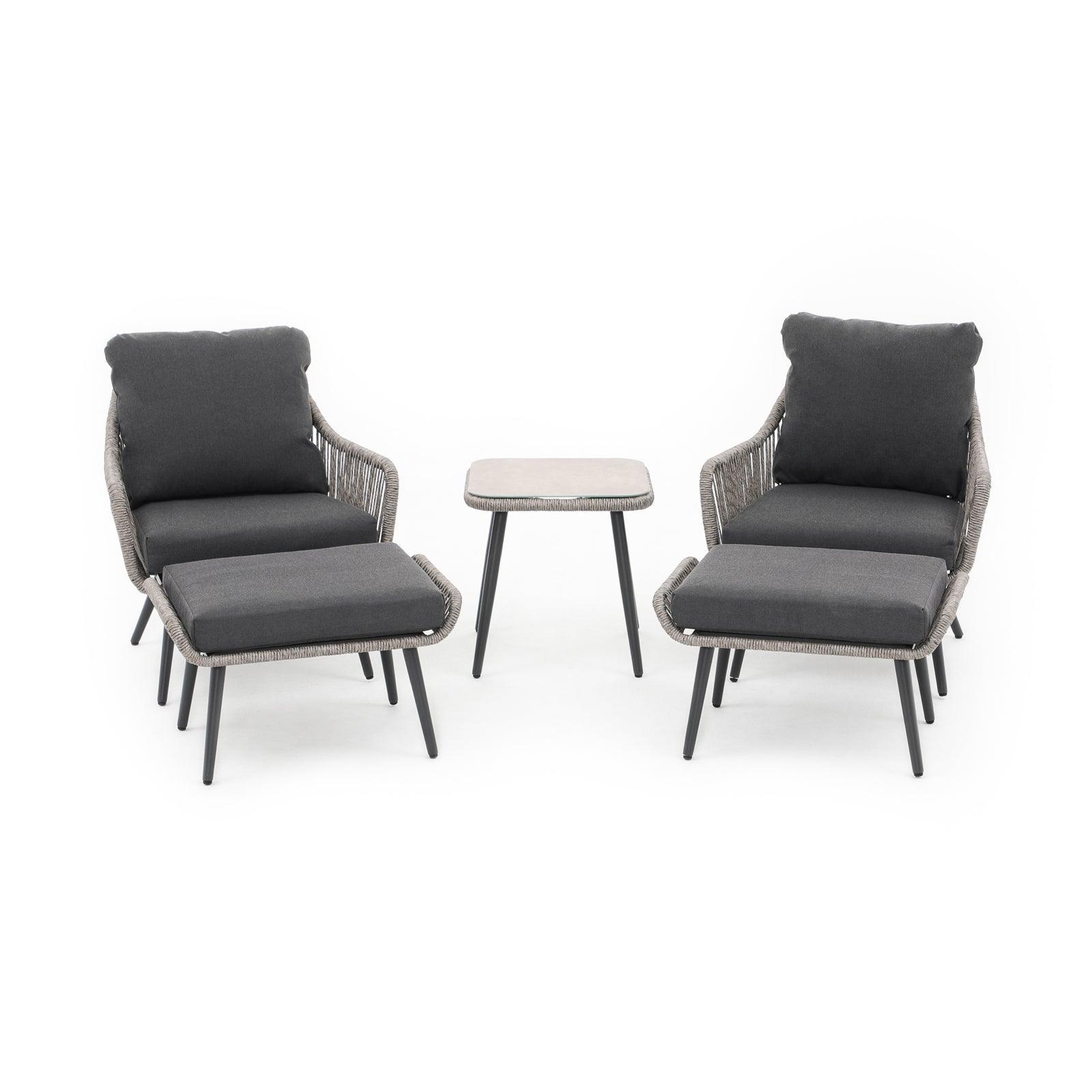 Hallerbos 5-piece outdoor bistro set with ottomans, steel frame and grey twisted rattan design, dark grey cushion, 1 square coffee table, 2 armchairs, 2 ottomans - Jardina Furniture#Color_Grey