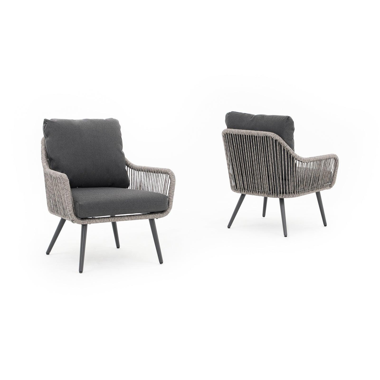 Hallerbos outdoor lounge bistro chairs, steel frame and grey twisted rattan design, dark grey cushion, side and back view - Jardina Furniture#Color_Grey