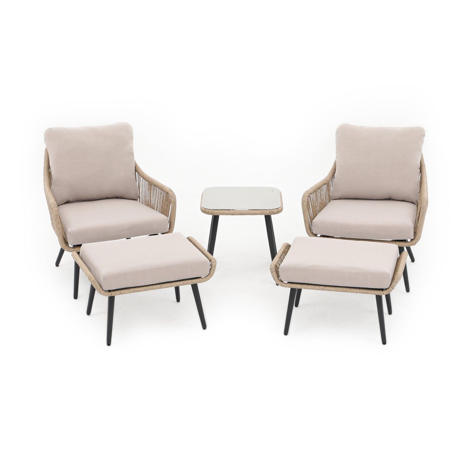 Hallerbos 5-piece outdoor bistro set with ottomans, steel frame and natural twisted rattan design, beige cushion, 1 square coffee table, 2 armchairs, 2 ottomans, side view - Jardina Furniture#Color_Natural