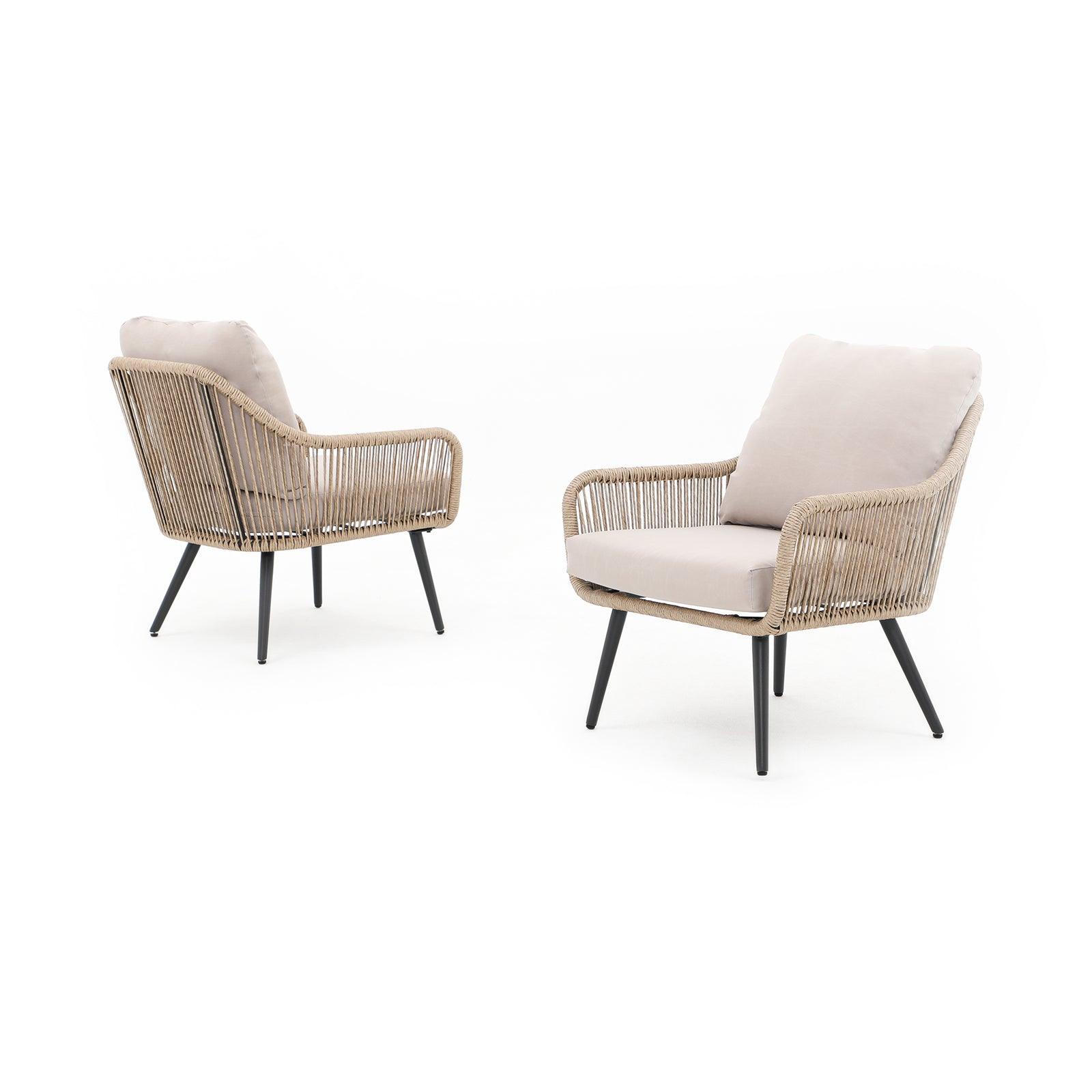 Hallerbos outdoor lounge bistro chairs, steel frame and natural twisted rattan design, beige cushion, side and back view - Jardina Furniture#Color_Natural