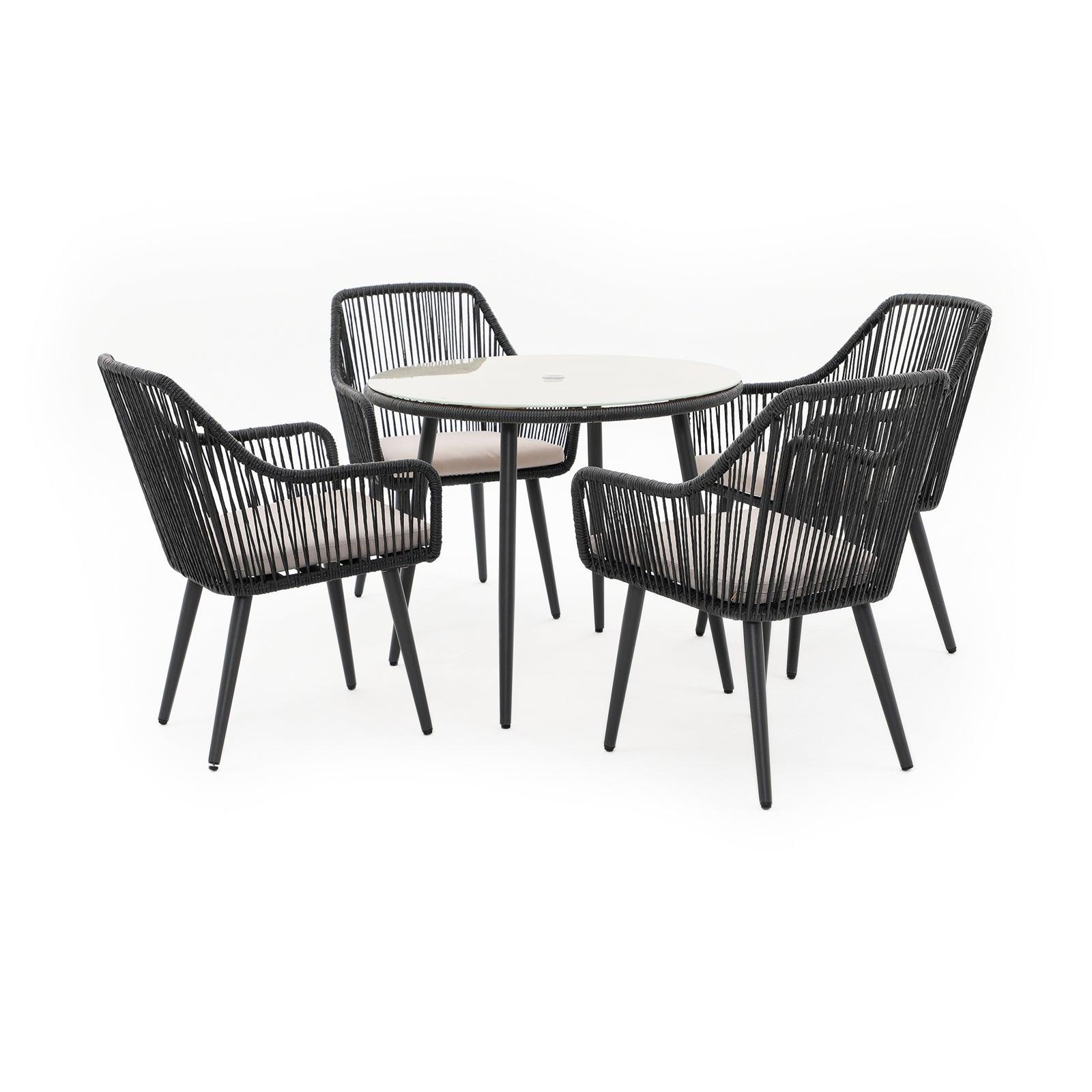 Hallerbos Modern Wicker Outdoor Furniture, black outdoor Dining Set for 4 with steel frame, 1 Round Dining Table with umbrella hole, 4 dining chairs with beige cushions- Jardina Furniture#Color_Black