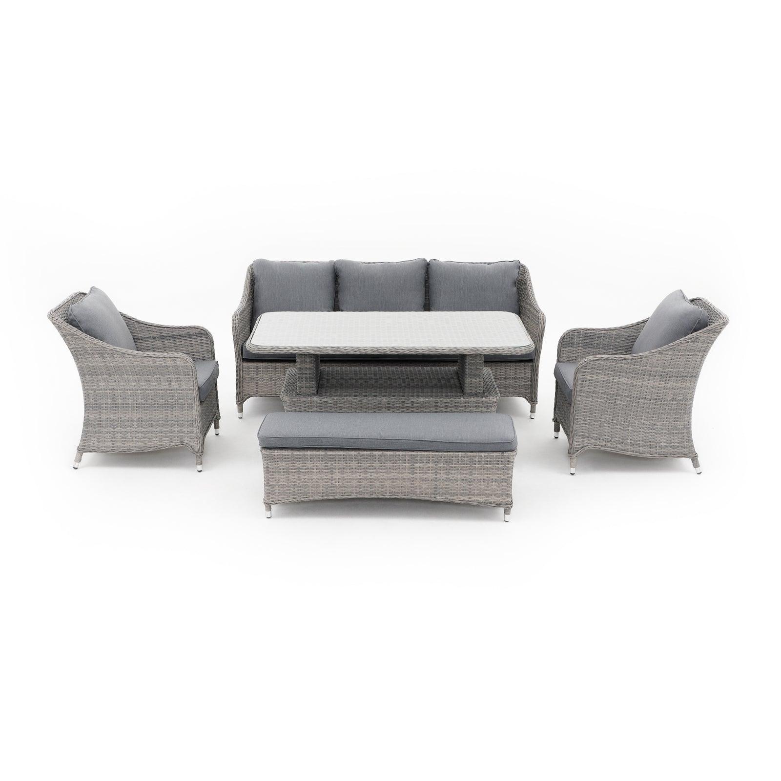 Irati 5-Piece grey wicker outdoor seating set with aluminum frame, grey cushions, 1 three-seater sofa, 2 dining chairs , 1 ottoman, 1 lift top table - Jardina Furniture