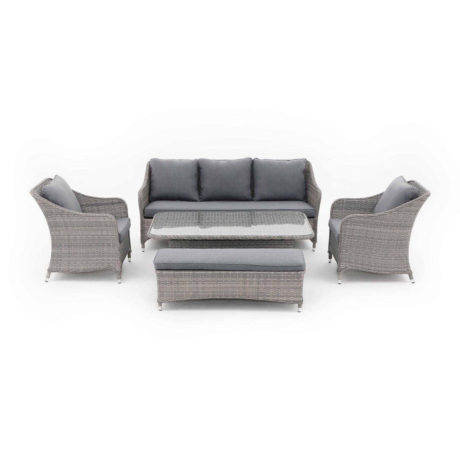 Irati 5-Piece grey wicker outdoor dining set with aluminum frame, grey cushions, 1 three-seater sofa, 2 dining chairs , 1 ottoman, 1 lift top table, front view - Jardina Furniture