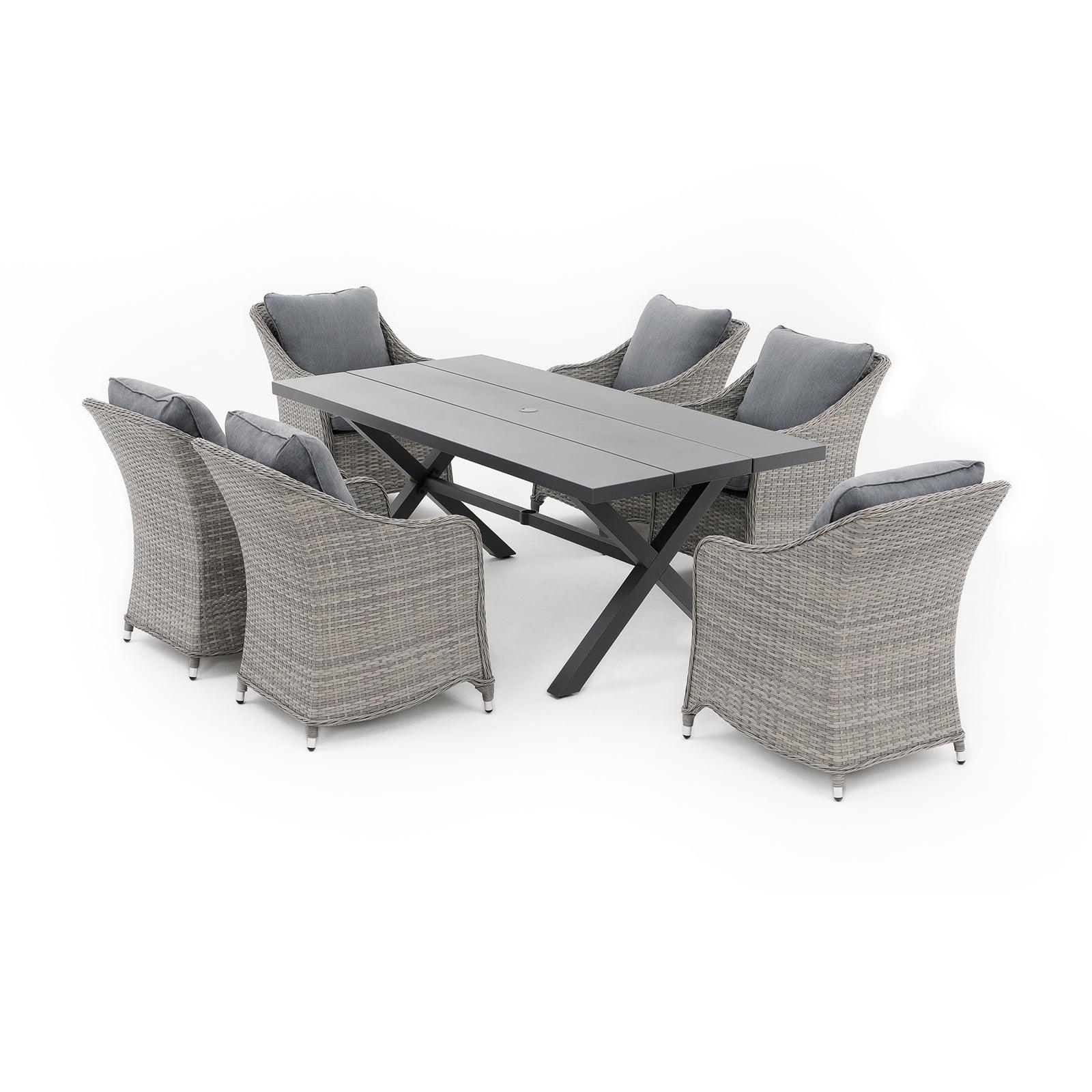 Irati grey wicker outdoor dining set with aluminum frame, grey cushions, 6 dining chairs , 1 X-shaped dining table - Jardina Furniture - 1#color_Grey#Pieces_7-pc.