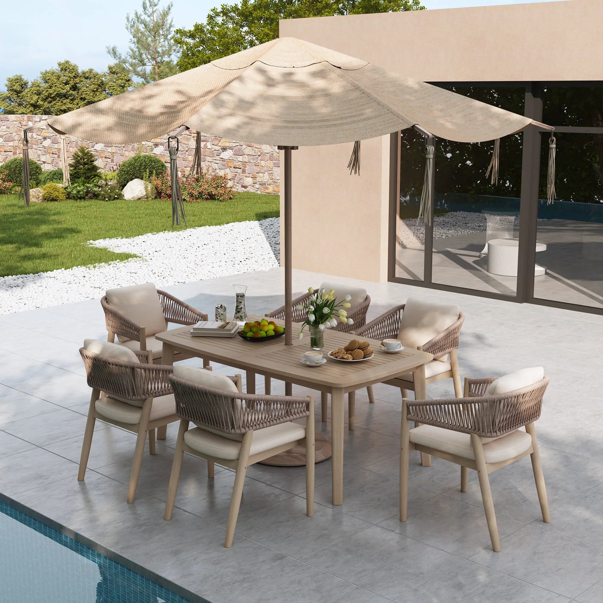 acacia wood and rope Outdoor dining set for 6 with table, chairs, and umbrella on a patio near a pool - Jardina Premium Modern Outdoor Dining Furniture