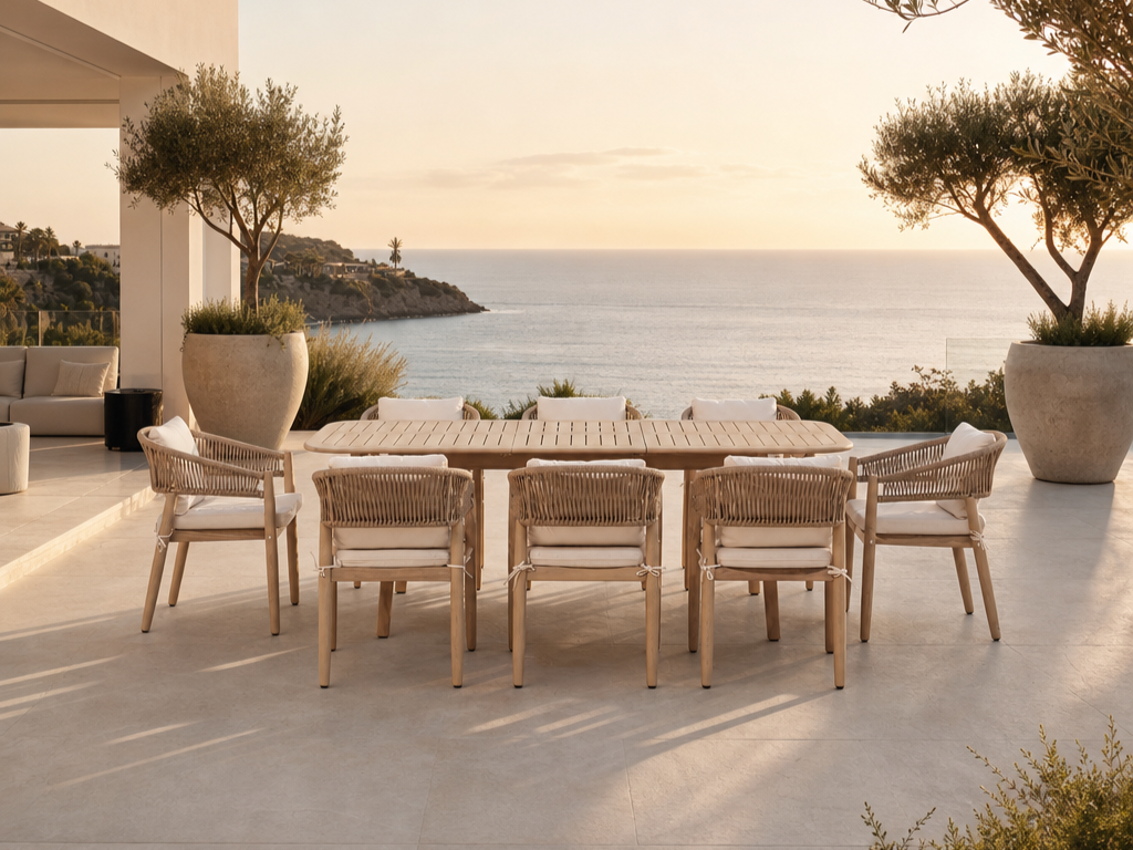 Lira Outdoor Smooth Rectangular Wooden Dining Set with Extendable Design, 6-8 Seats, 63"-82.7"