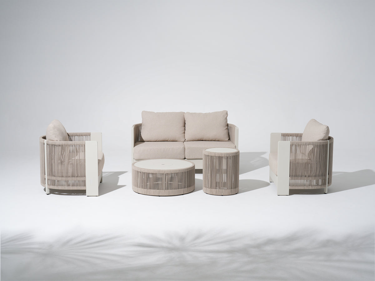 Irati 5-Piece Modern Aluminum and Rope Outdoor Loveseat Set, Oyster White