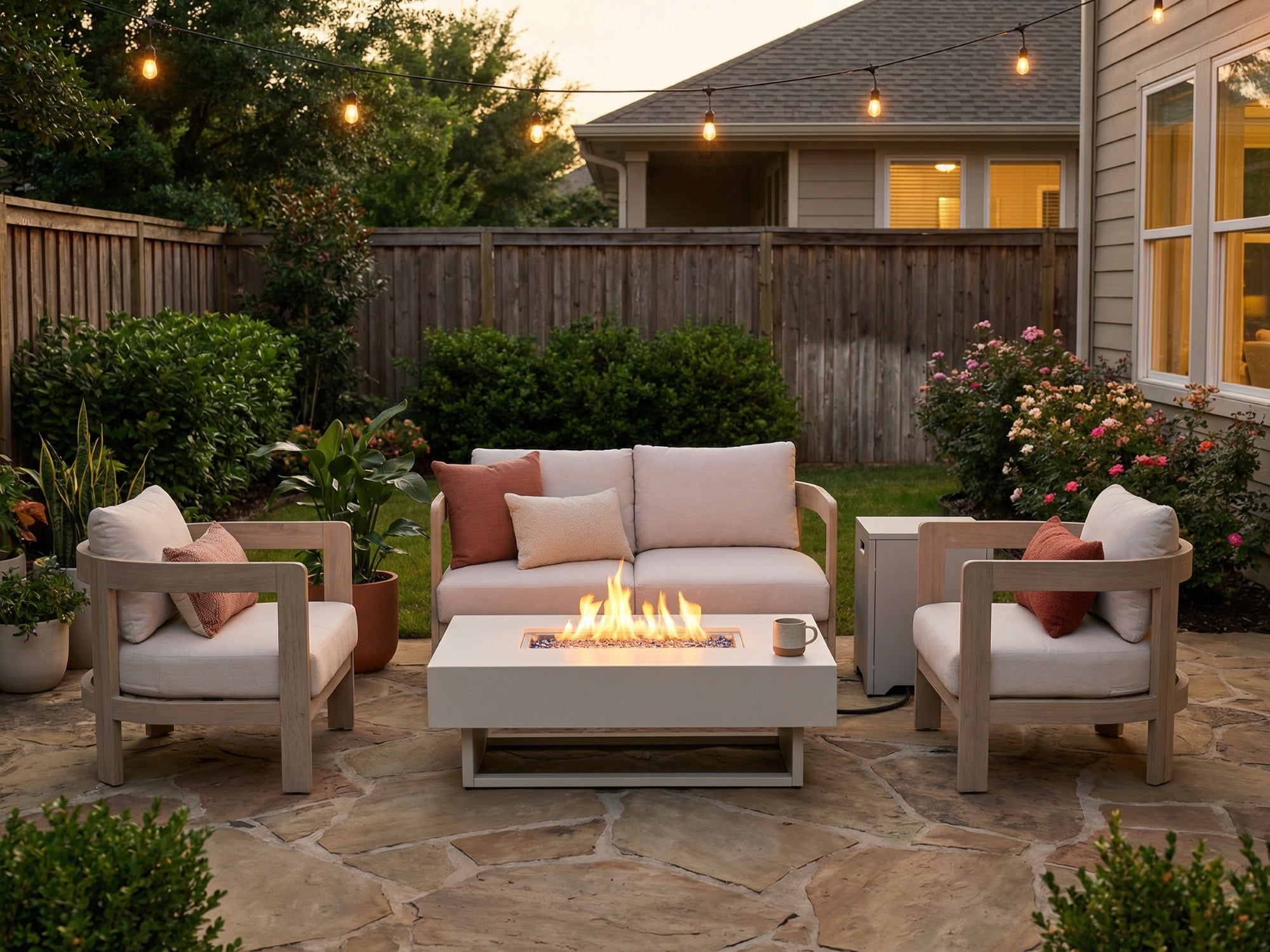 Outdoor patio setup with a fire pit table, chairs, and cushions in a backyard setting. #color_light beige