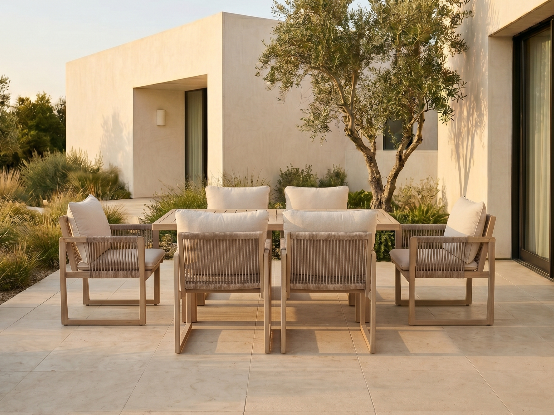 Lumi Outdoor Wooden Dining Set with Rope Chairs & Bench, Umbrella Hole for 4-6 People, 67" Sled-Leg