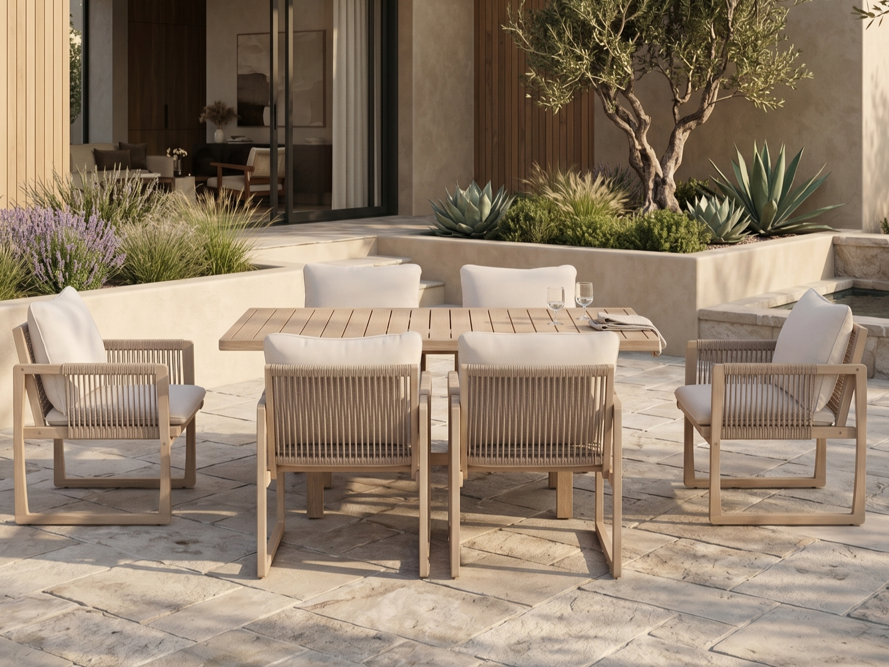 Lumi Wooden Outdoor Dining Set with White Cushion for 6 People, Rope Design, 67" Table