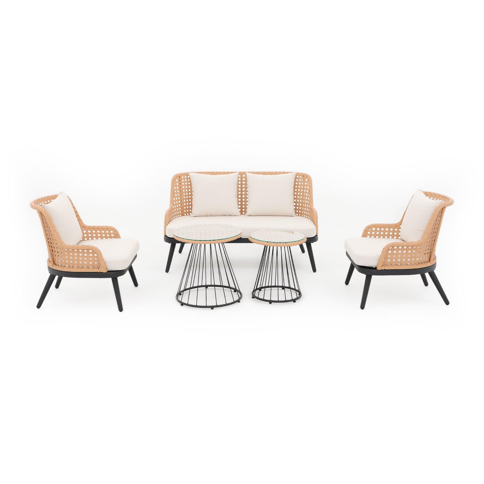 Menorca 5-Piece wicker outdoor furniture set with aluminum frame, white cushions, a loveseat, 2 arm chairs, 1 mixed set of tables, Front Angle View- Jardina Furniture