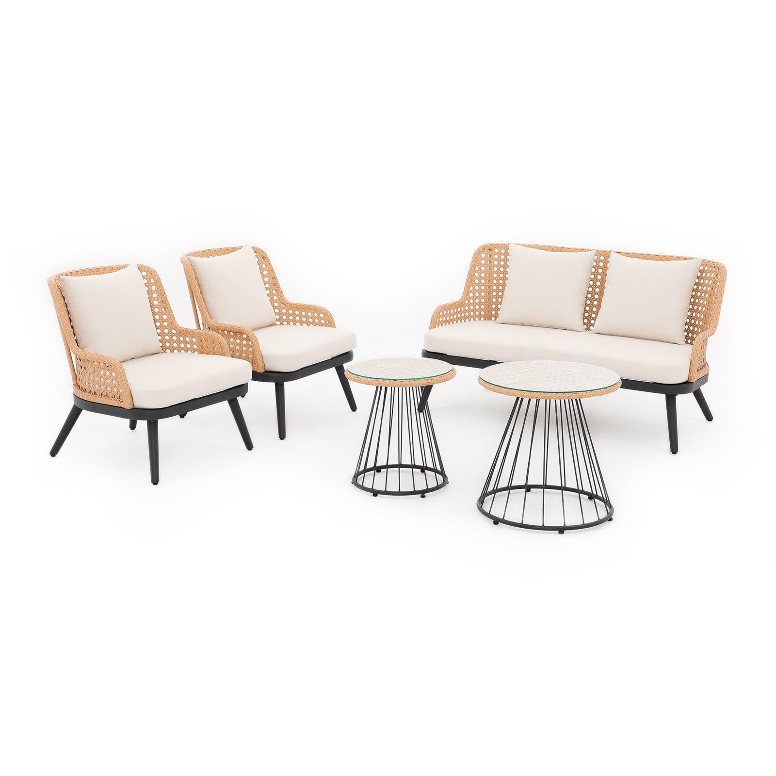 Menorca Modern Wicker Outdoor Furniture with steel frame, 5-Piece outdoor conversation set, white cushions, a loveseat, 2 arm chairs , 1 mixed set of tables, Side Angle View- Jardina Furniture