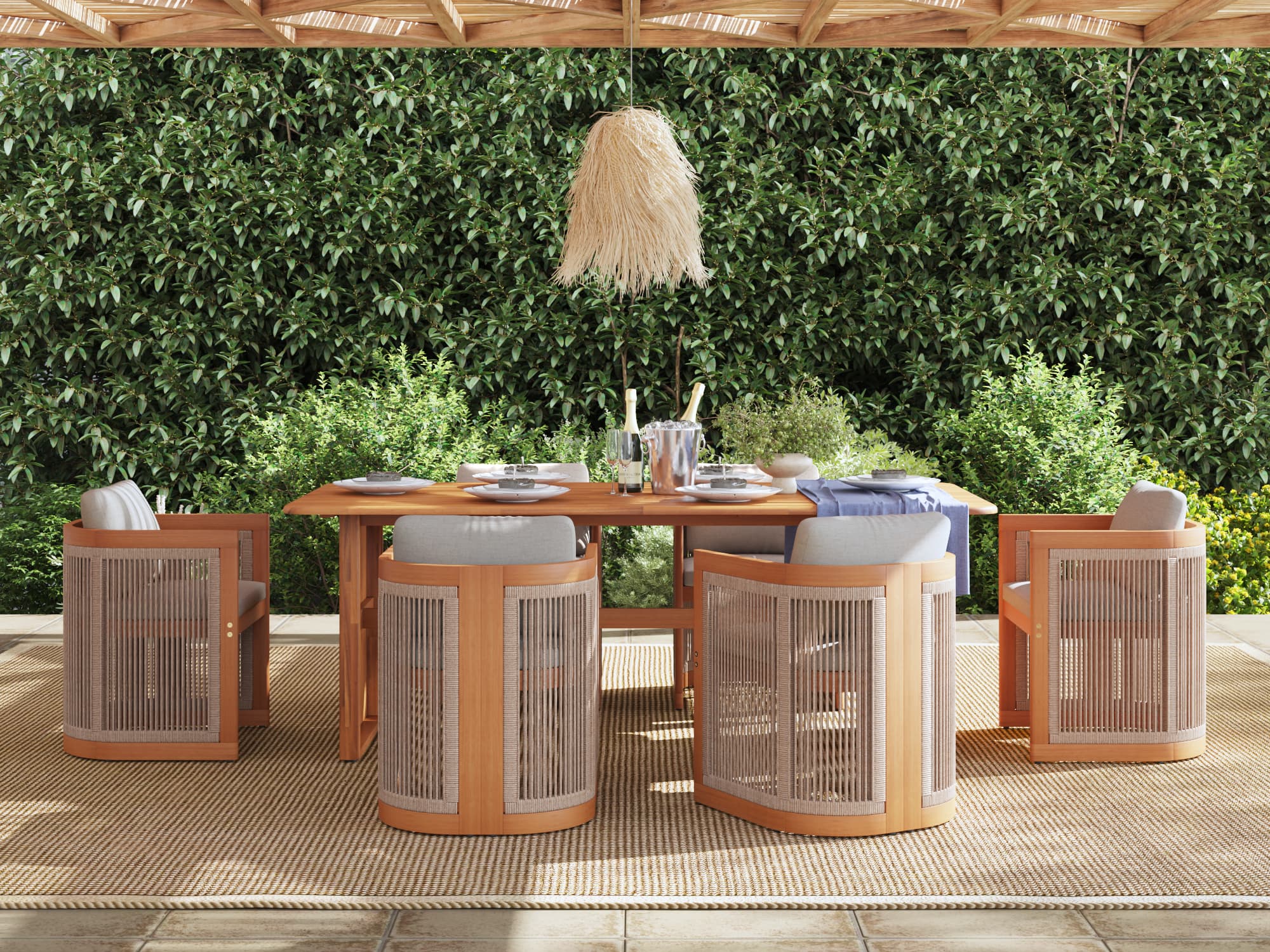 Mori Wooden Outdoor Dining Set with Cording Chairs for 6-8 People, 86.6" table, Solid Side Panel Legs