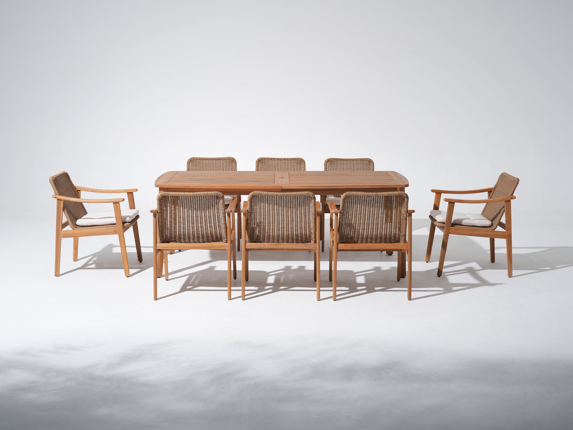 Outdoor Woven & acacia Wood Dining Set with Umbrella Hole for 8 People, 83" Tapered Legs - Jardina Premium Modern Outdoor Dining Furniture