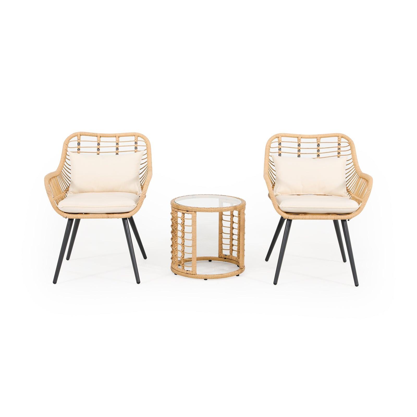 Oia 3 Piece Natural Wicker Patio Bistro Set with Round Side Table, white cushions, front view- Jardina FurnitureOia Modern Wicker Outdoor Furniture with steel frame, 3Pcs Natural Patio Bistro Set with Round Side Table, white cushions, side view- Jardina Furniture#color_White