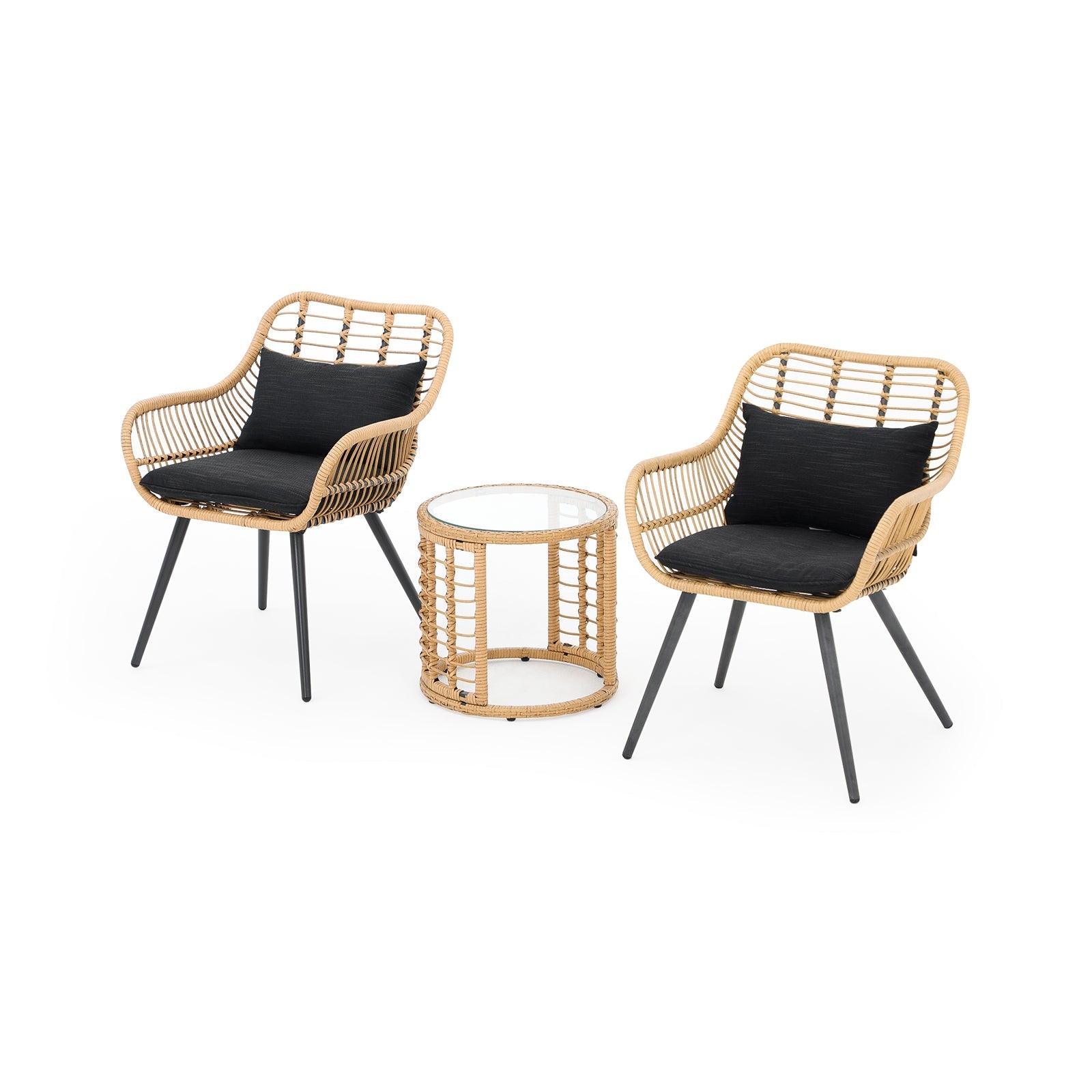 Oia 3 Piece Natural Wicker Patio Bistro Set with Round Side Table, black cushions, side view- Jardina Furniture#color_Black
