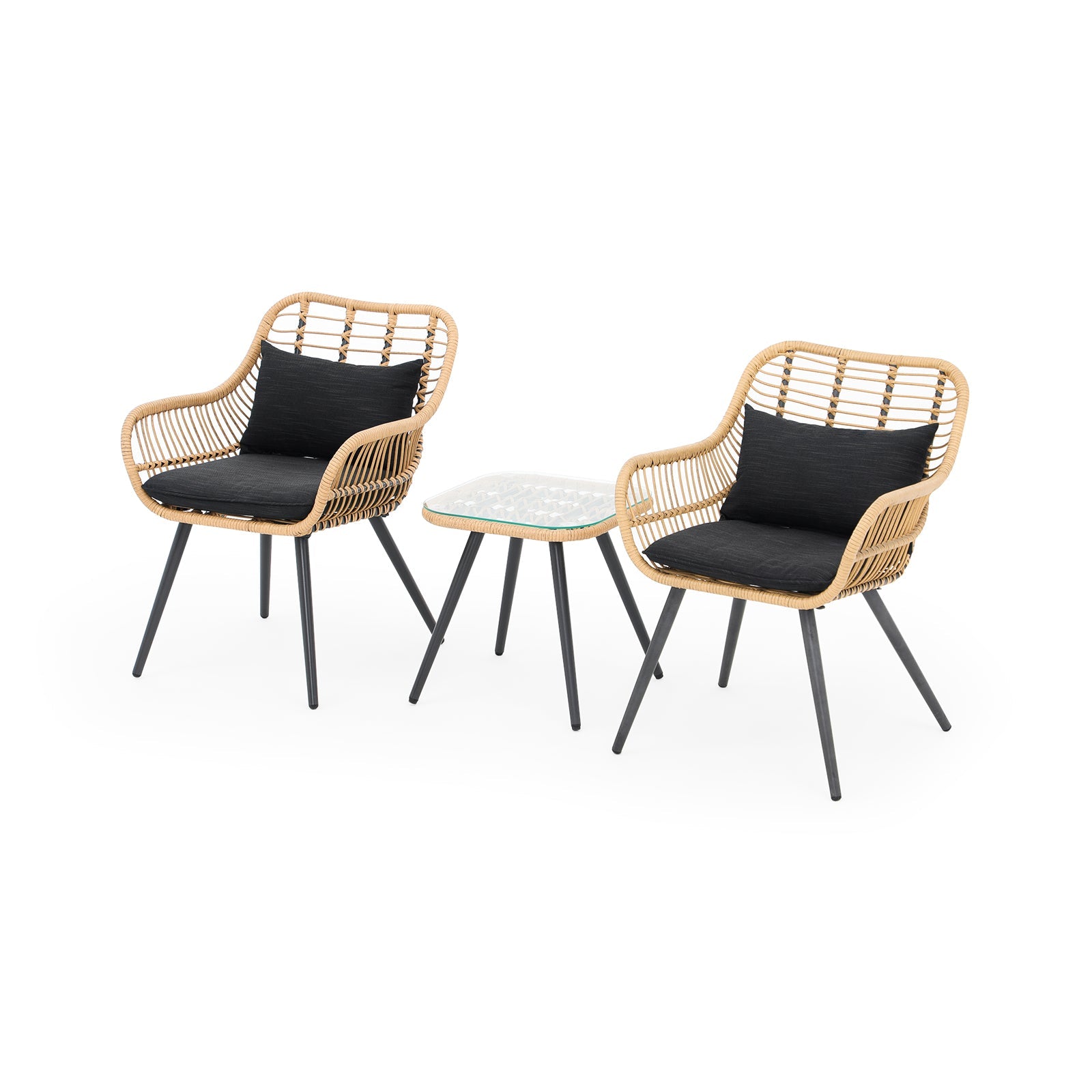 Oia 3 Piece Natural Wicker Patio Bistro Set with Square Side Table, black cushions, side view- Jardina Furniture#color_Black