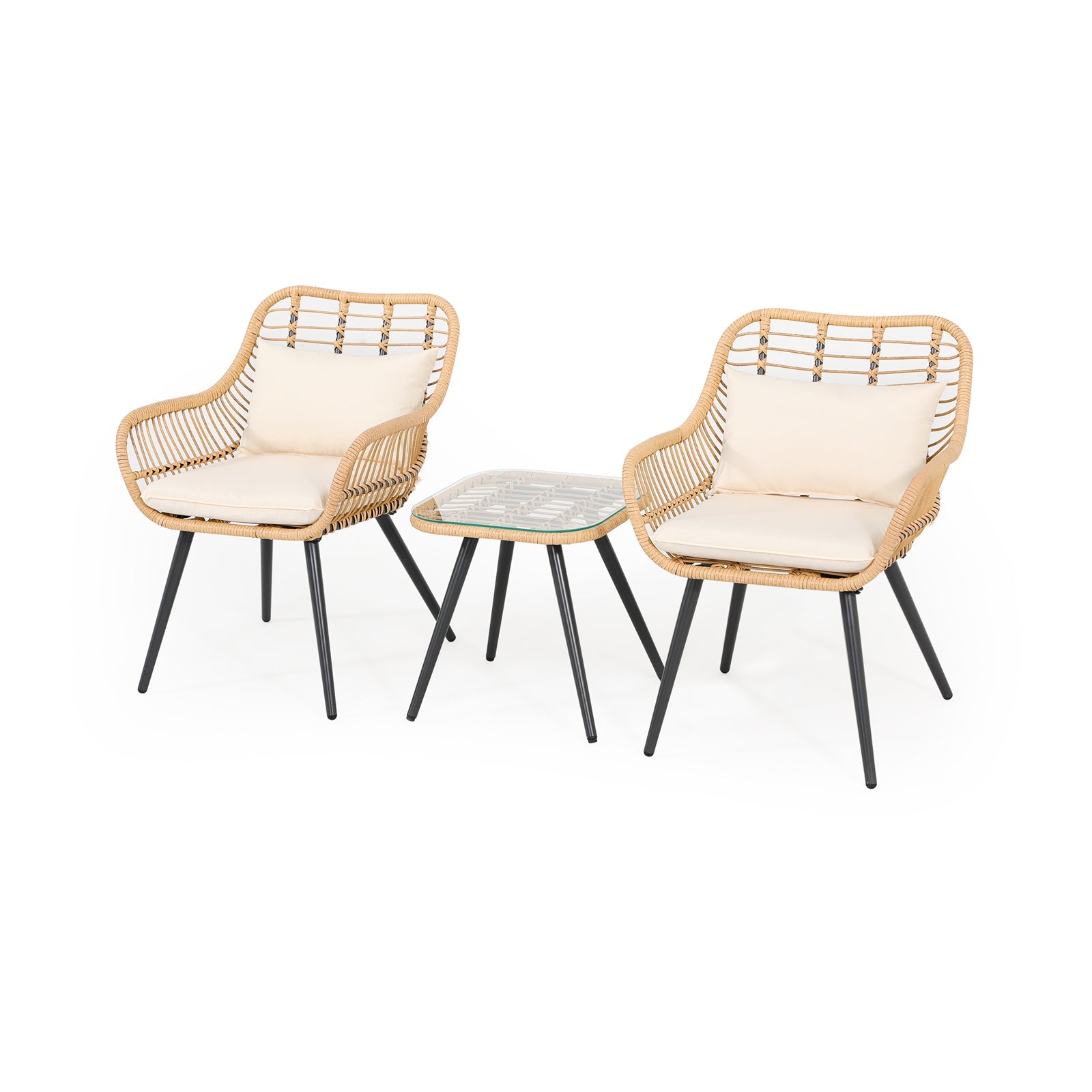 Oia 3 Piece Natural Wicker Patio Bistro Set with Square Side Table, white cushions, side view- Jardina Furniture#color_White