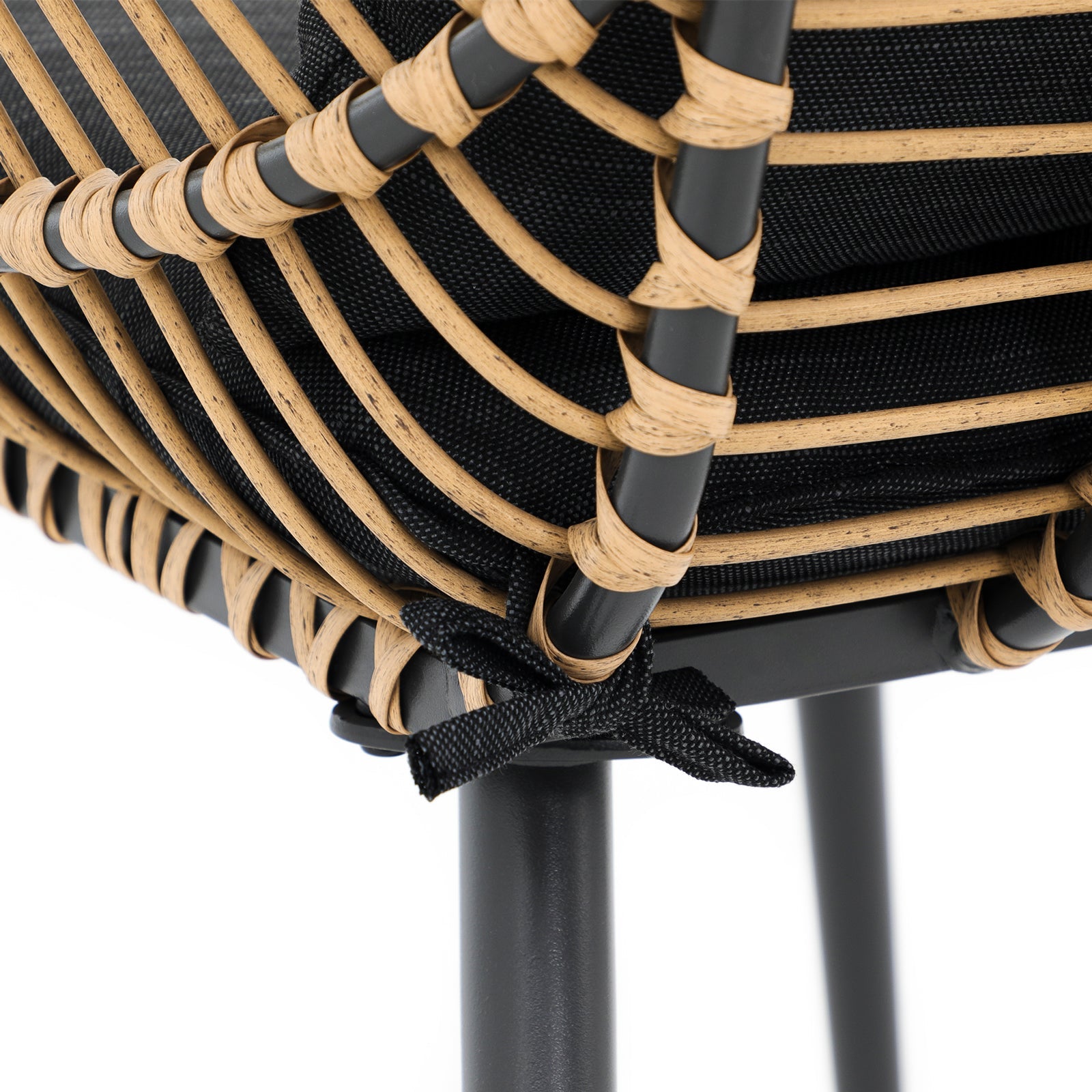 Oia outdoor natural wicker chair, tie-on black cushion, detailed information- Jardina Furniture