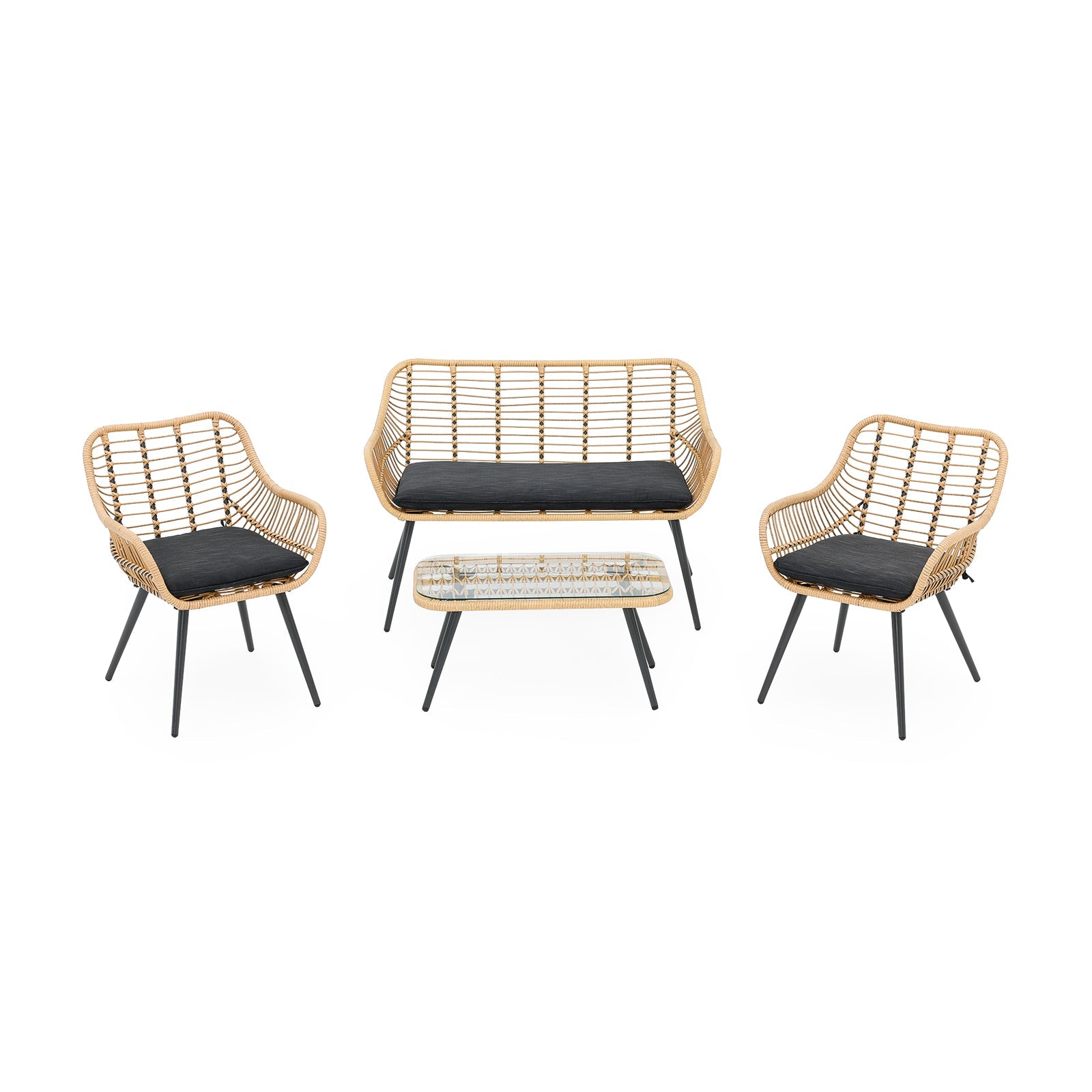 Oia 4-Piece Wicker Outdoor Seating Set with Glass Top Coffee Table, black seat cushion, front view - Jardina Furniture
