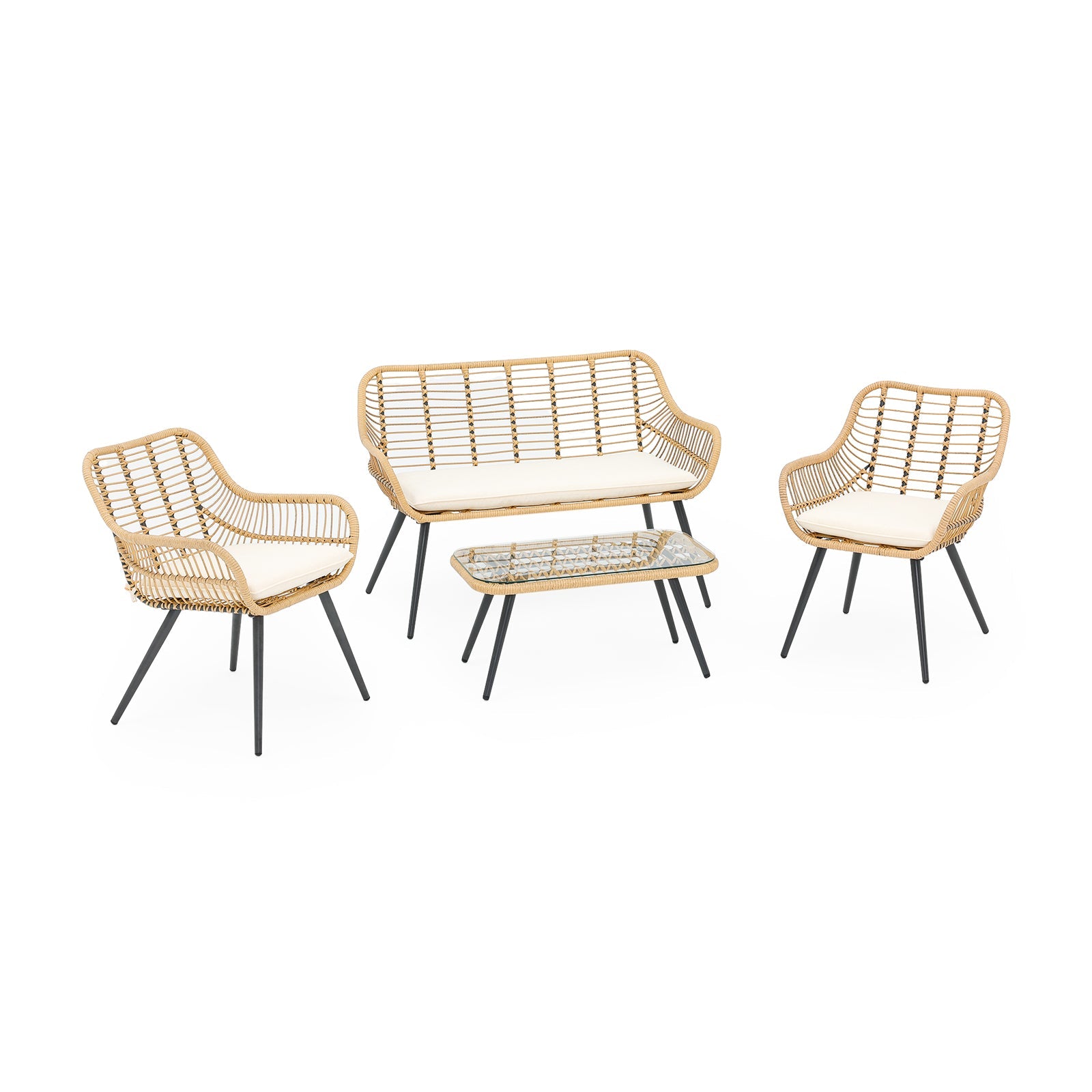 Oia 4-Piece Wicker Outdoor Seating Set with Glass Top Coffee Table, white seat cushion, side view - Jardina Furniture